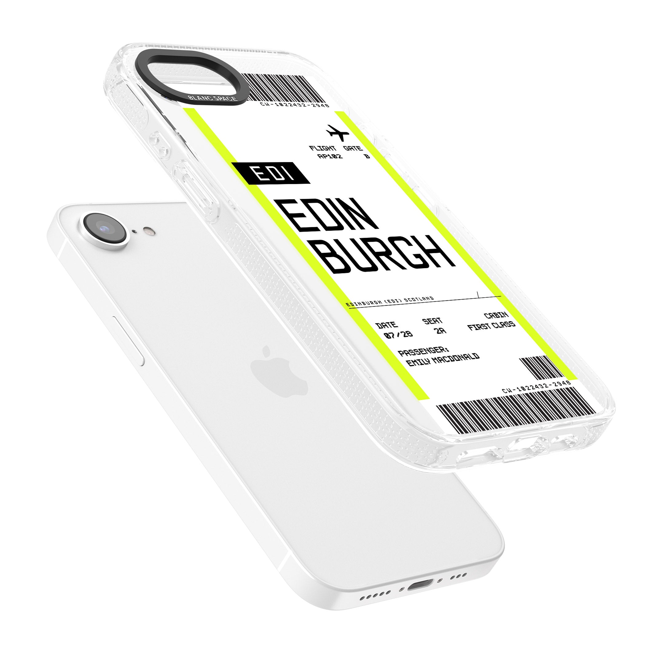 Personalised Edinburgh Boarding Pass iPhone 16e Clear Case Impact Air - Blanc Space