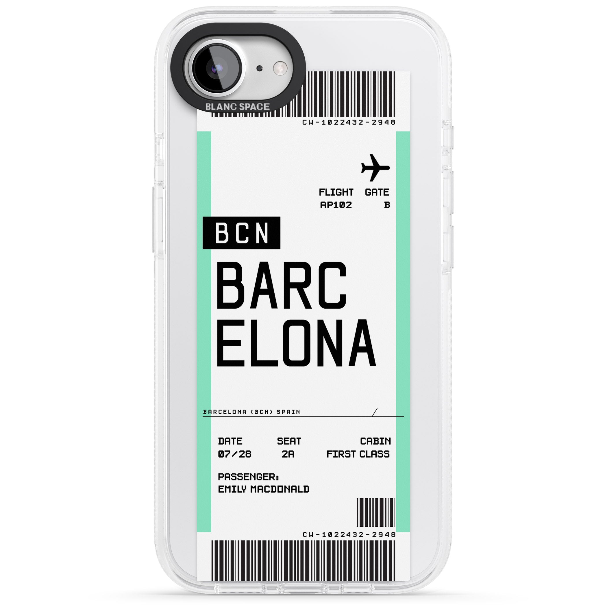 Personalised Barcelona Boarding Pass iPhone 16e Clear Case Impact Air - Blanc Space