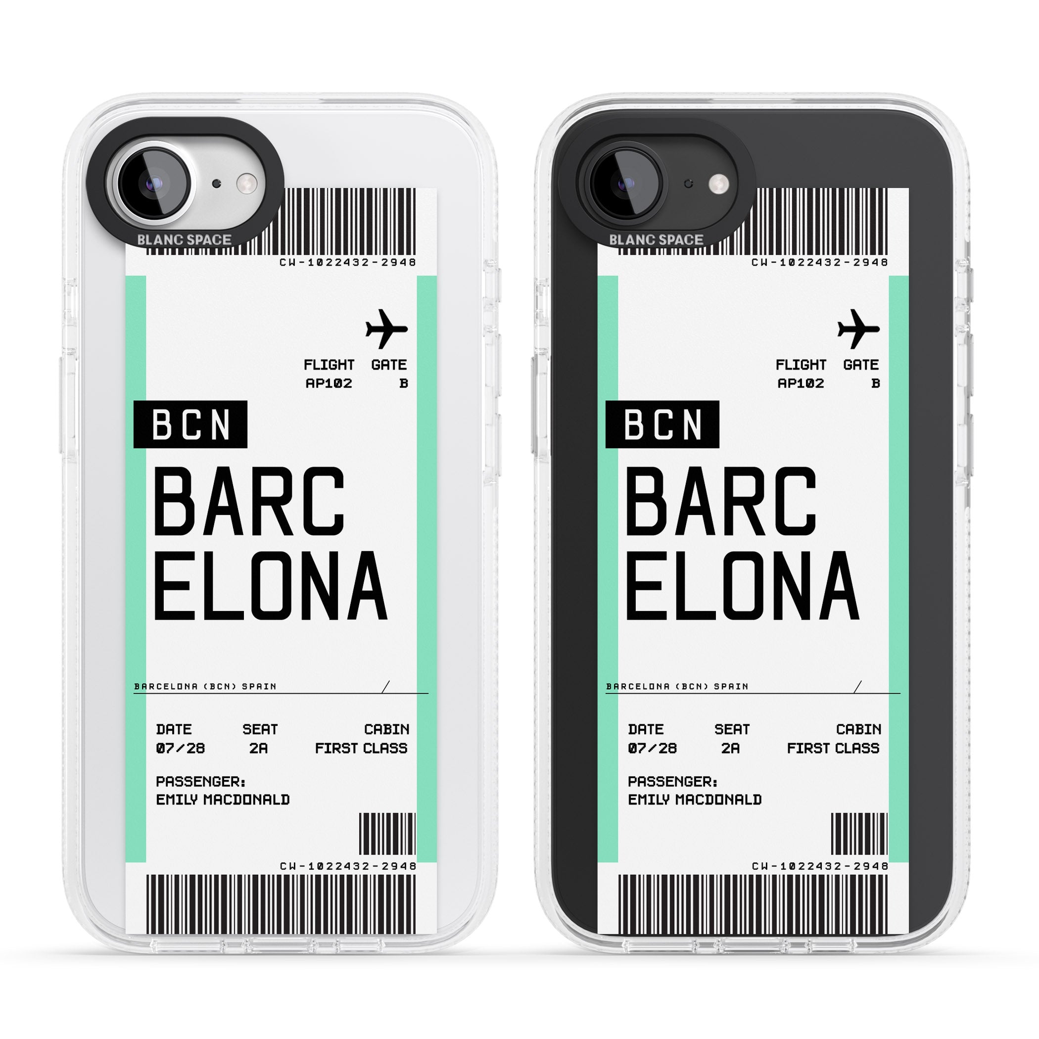 Personalised Barcelona Boarding Pass iPhone 16e Clear Case Impact Air - Blanc Space
