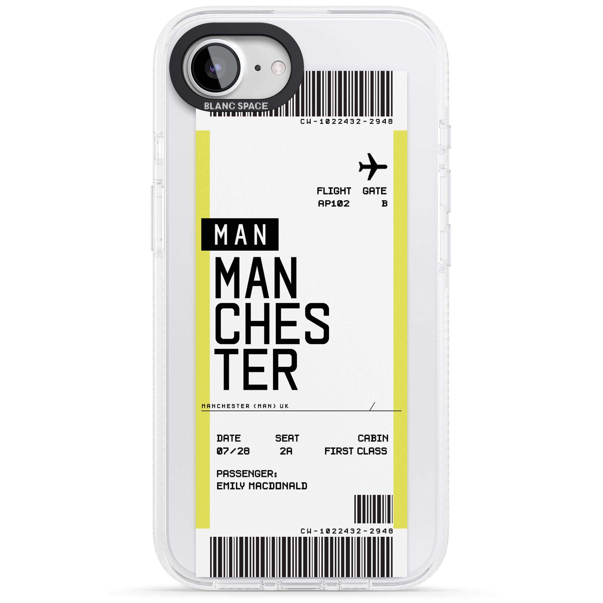 Personalised Manchester Boarding Pass iPhone 16e Clear Case Impact Air - Blanc Space