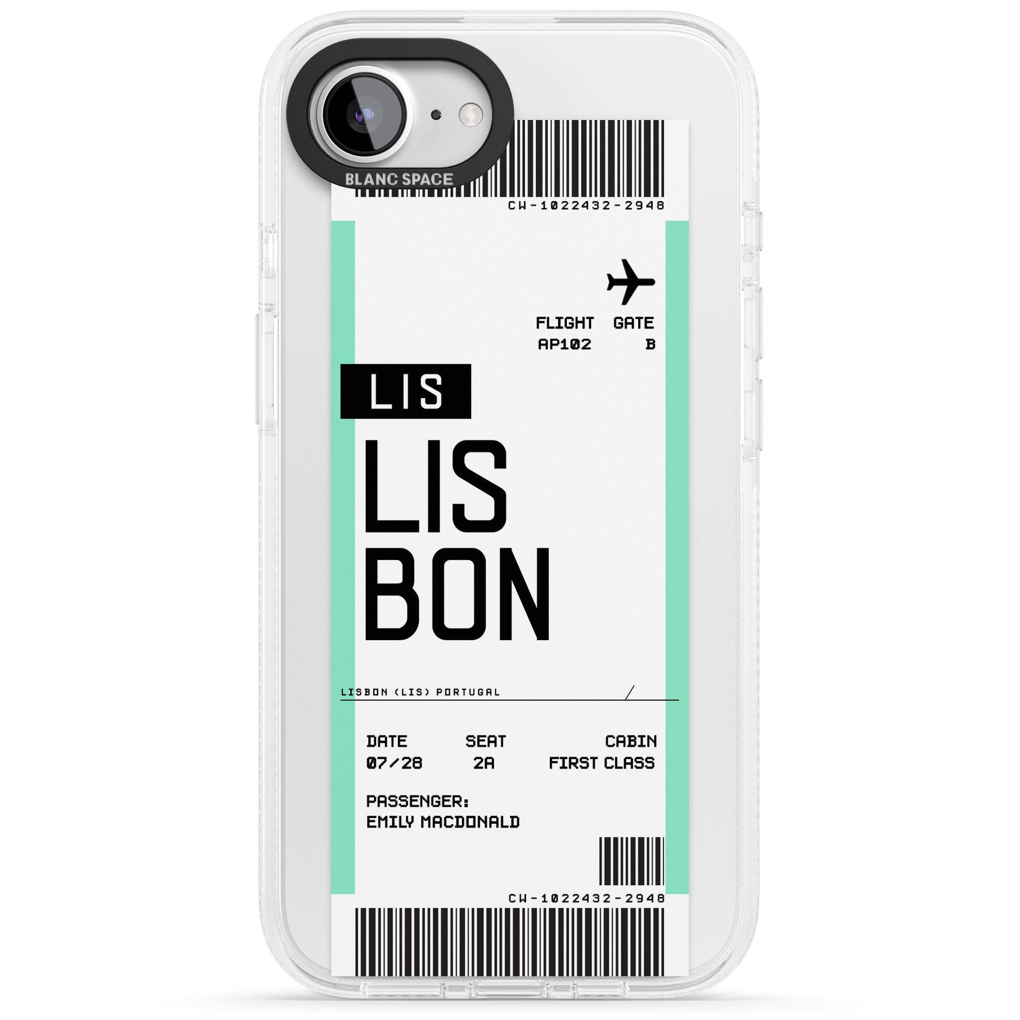 Personalised Lisbon Boarding Pass iPhone 16e Clear Case Impact Air - Blanc Space