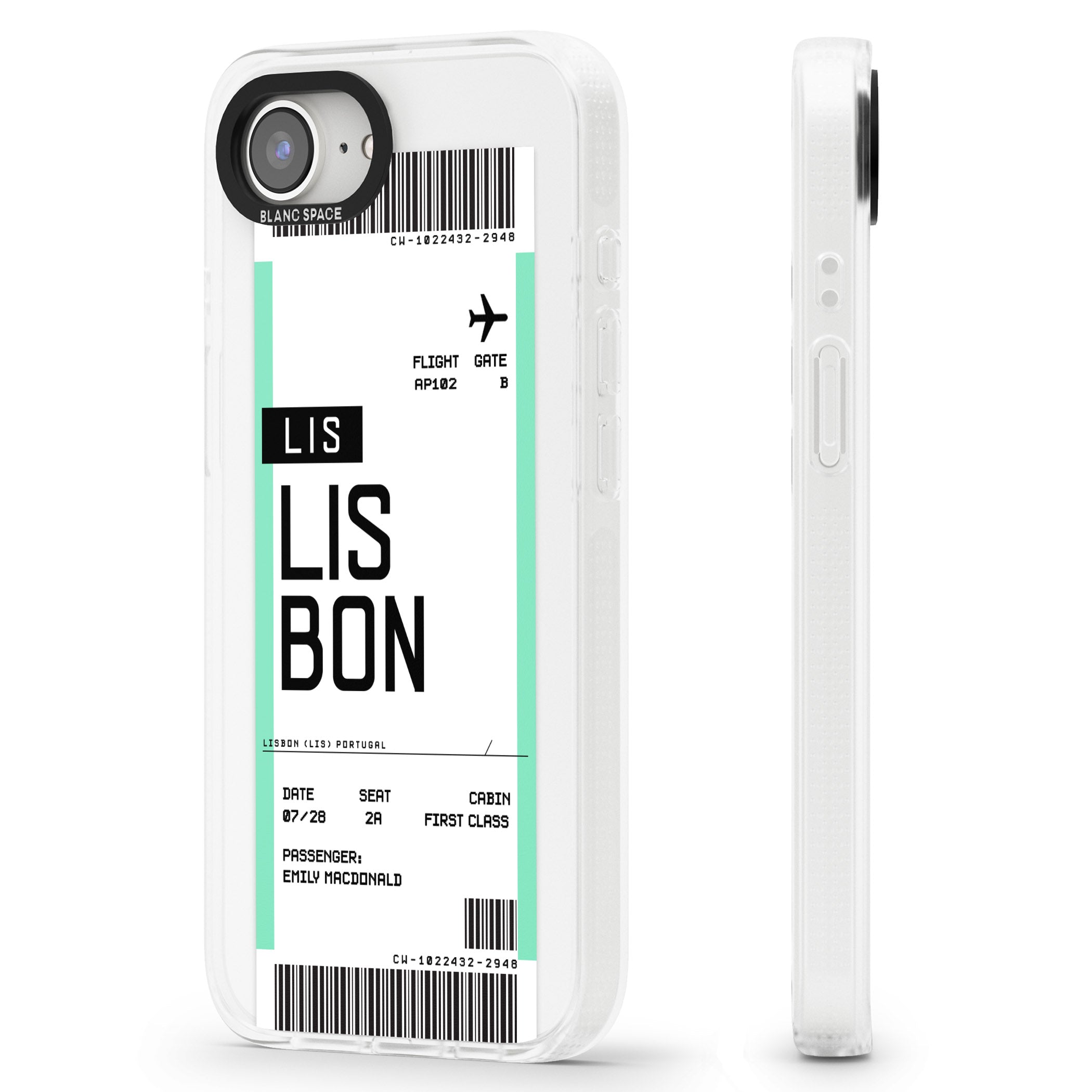 Personalised Lisbon Boarding Pass iPhone 16e Clear Case Impact Air - Blanc Space