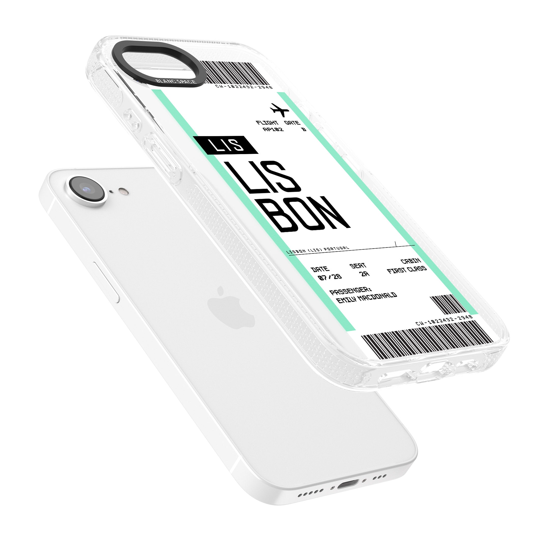 Personalised Lisbon Boarding Pass iPhone 16e Clear Case Impact Air - Blanc Space