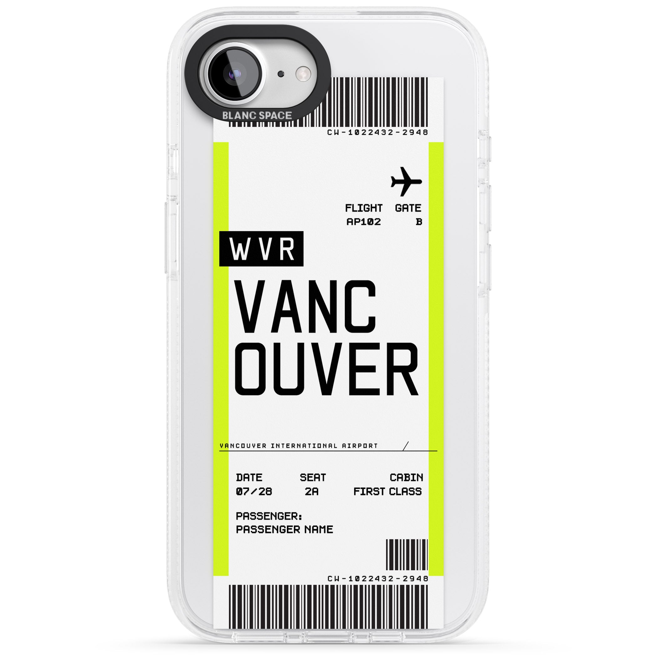Personalised Vancouver Boarding Pass iPhone 16e Clear Case Impact Air - Blanc Space