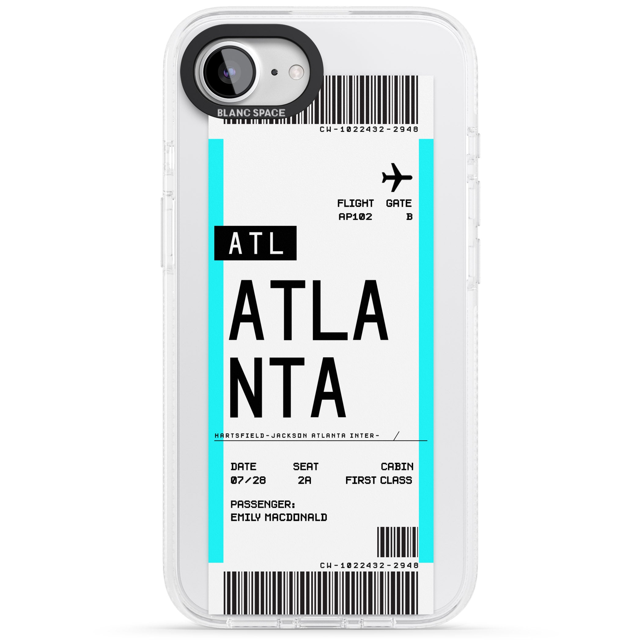 Personalised Atlanta Boarding Pass iPhone 16e Clear Case Impact Air - Blanc Space