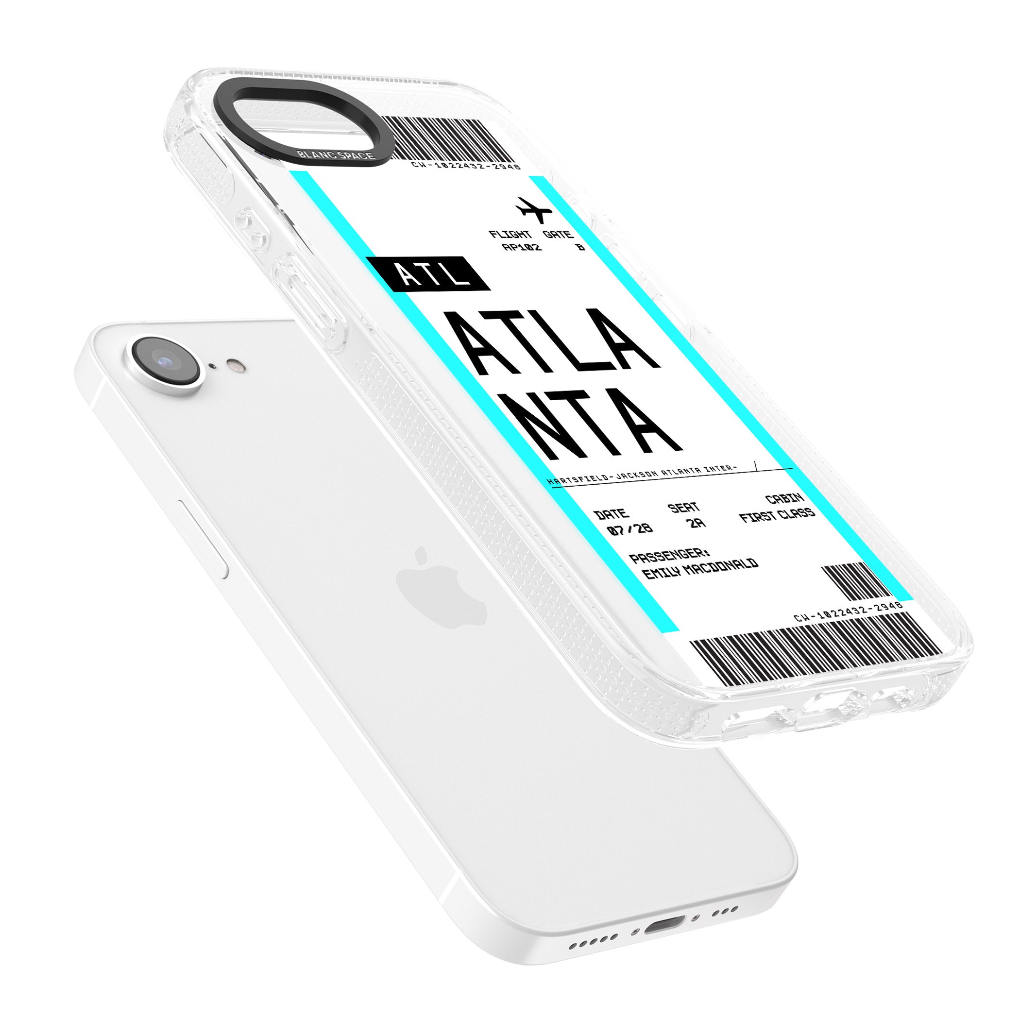 Personalised Atlanta Boarding Pass iPhone 16e Clear Case Impact Air - Blanc Space