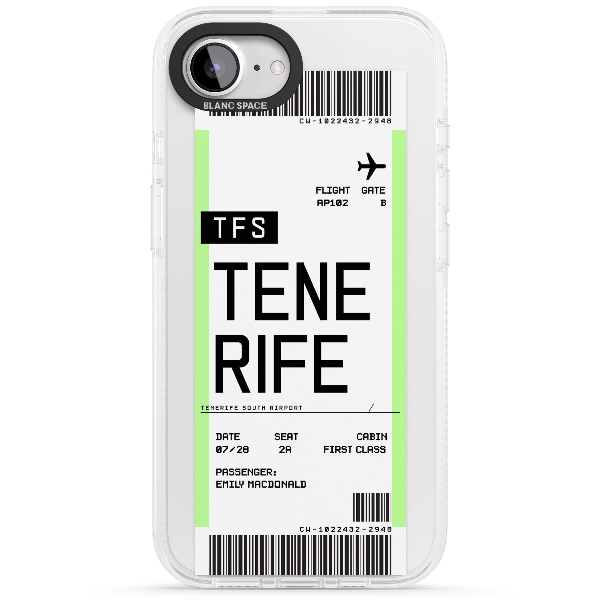 Personalised Tenerife Boarding Pass iPhone 16e Clear Case Impact Air - Blanc Space