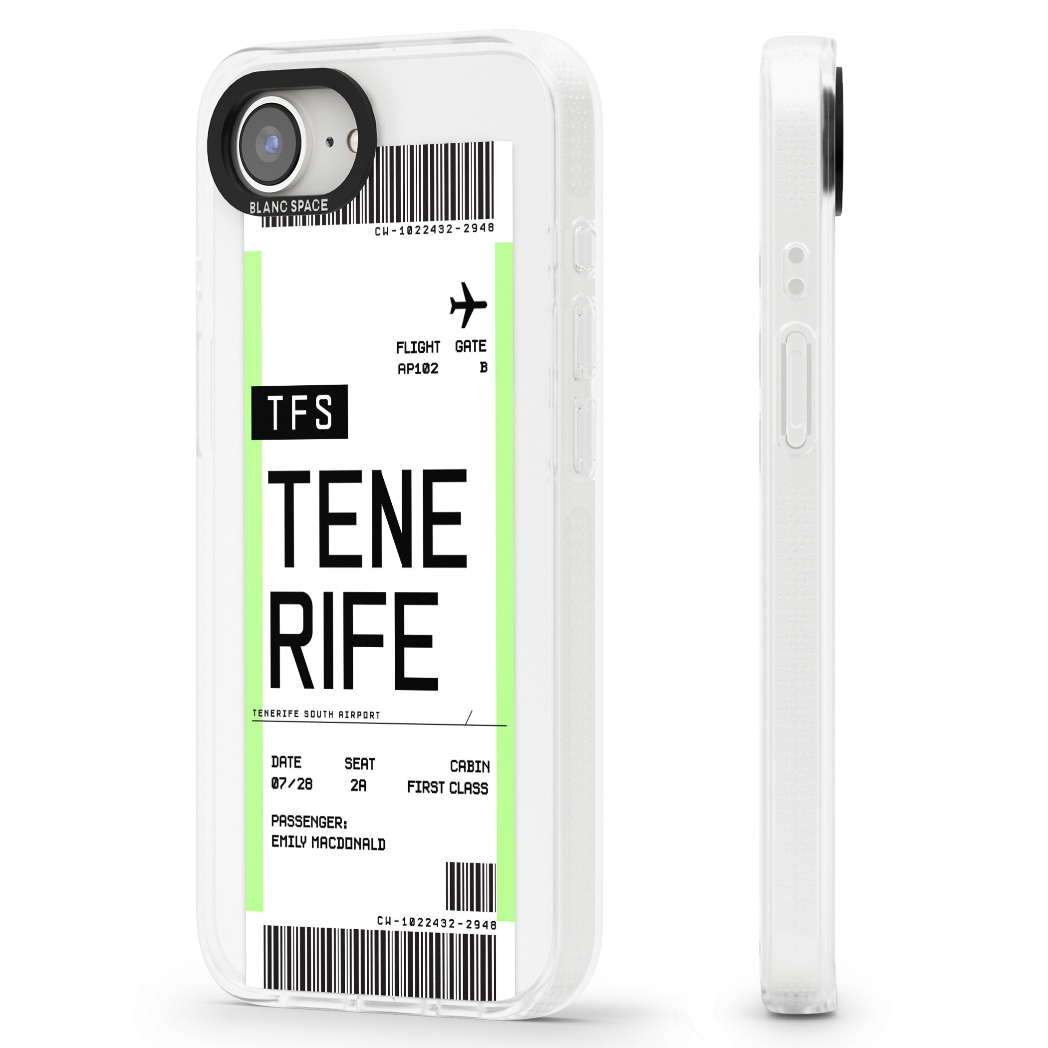 Personalised Tenerife Boarding Pass iPhone 16e Clear Case Impact Air - Blanc Space