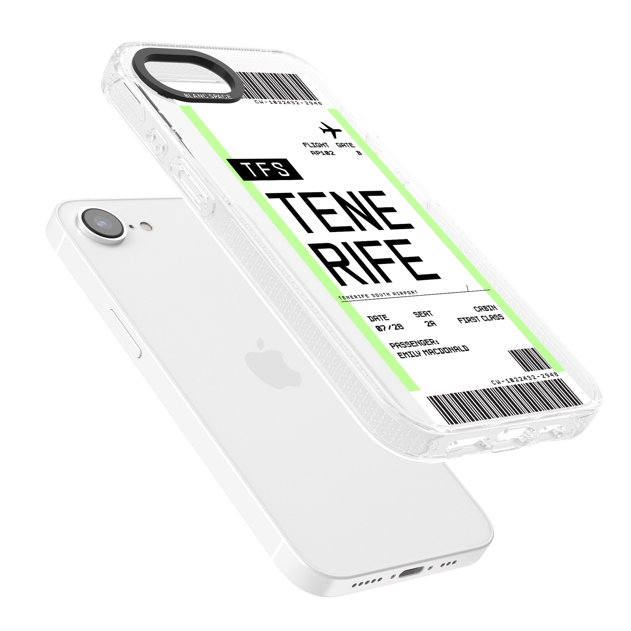 Personalised Tenerife Boarding Pass iPhone 16e Clear Case Impact Air - Blanc Space