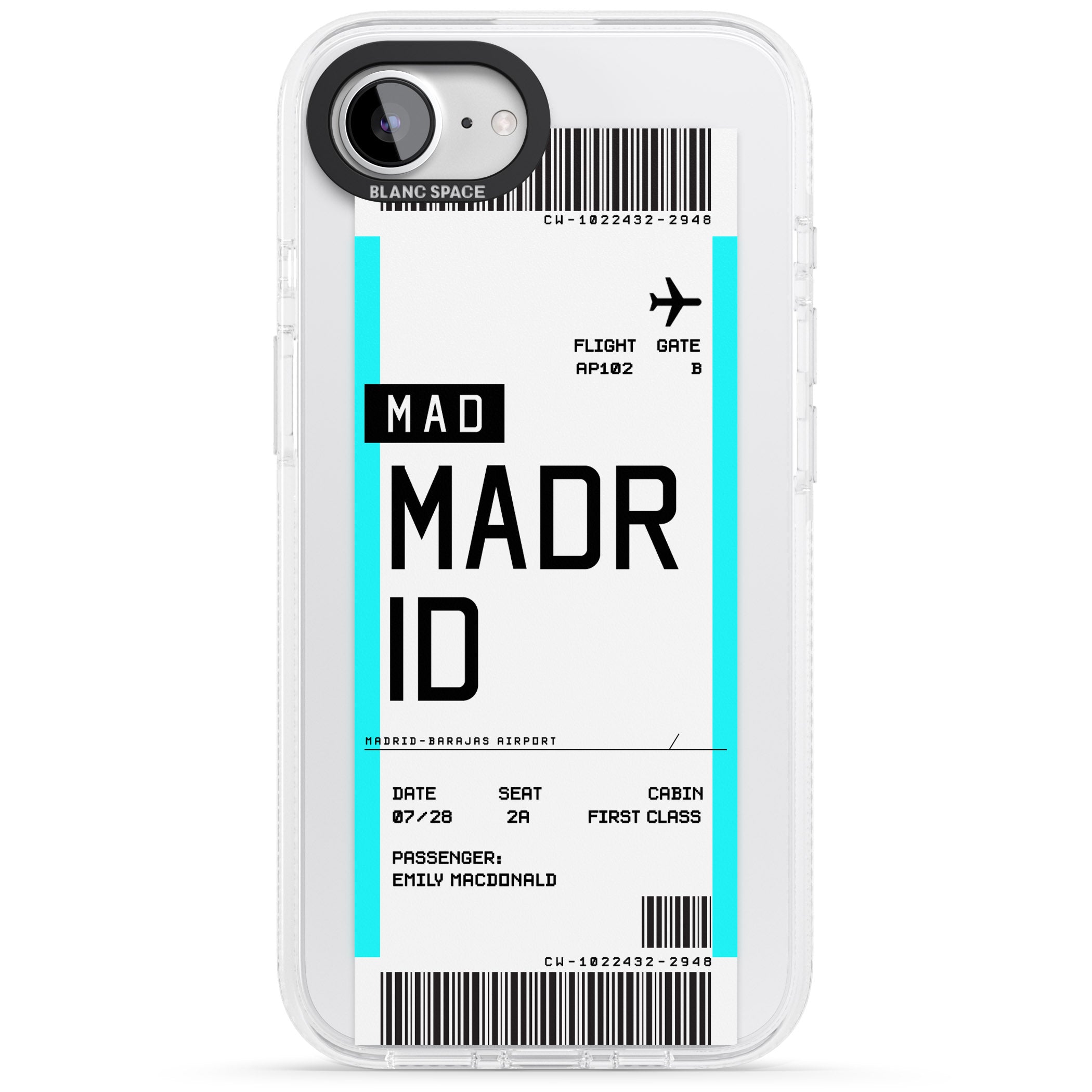 Personalised Madrid Boarding Pass iPhone 16e Clear Case Impact Air - Blanc Space