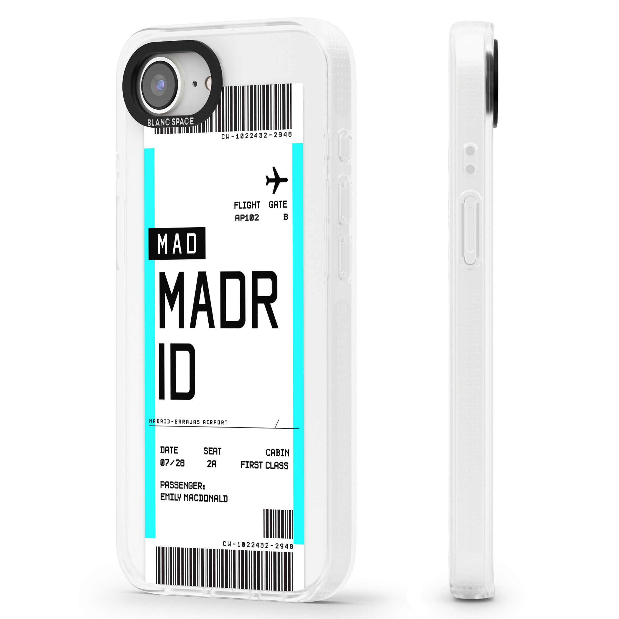 Personalised Madrid Boarding Pass iPhone 16e Clear Case Impact Air - Blanc Space