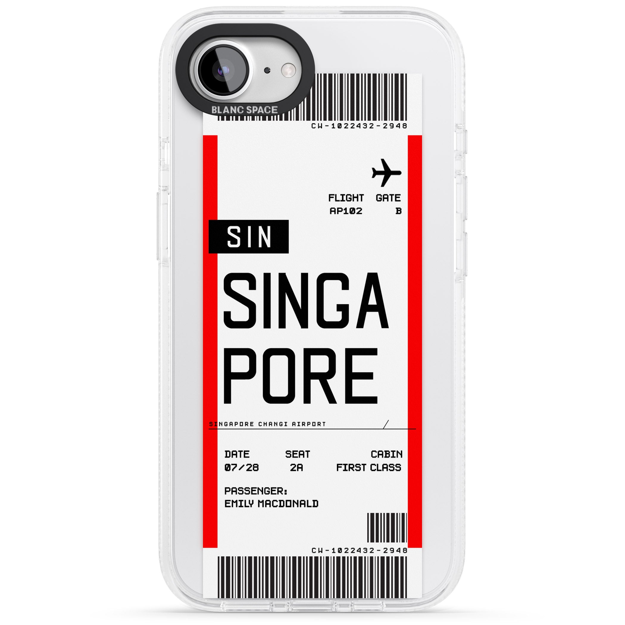 Personalised Singapore Boarding Pass iPhone 16e Clear Case Impact Air - Blanc Space