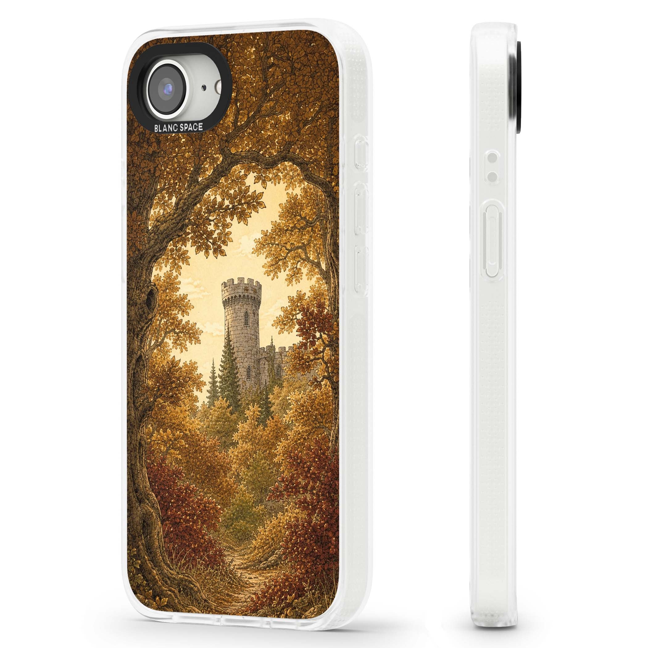 Autumn Keep cottagecore iPhone case featuring a medieval castle tower framed by golden autumn trees and woodland foliage | Clear Case Impact Air case for iPhone 16e, iPhone 17e