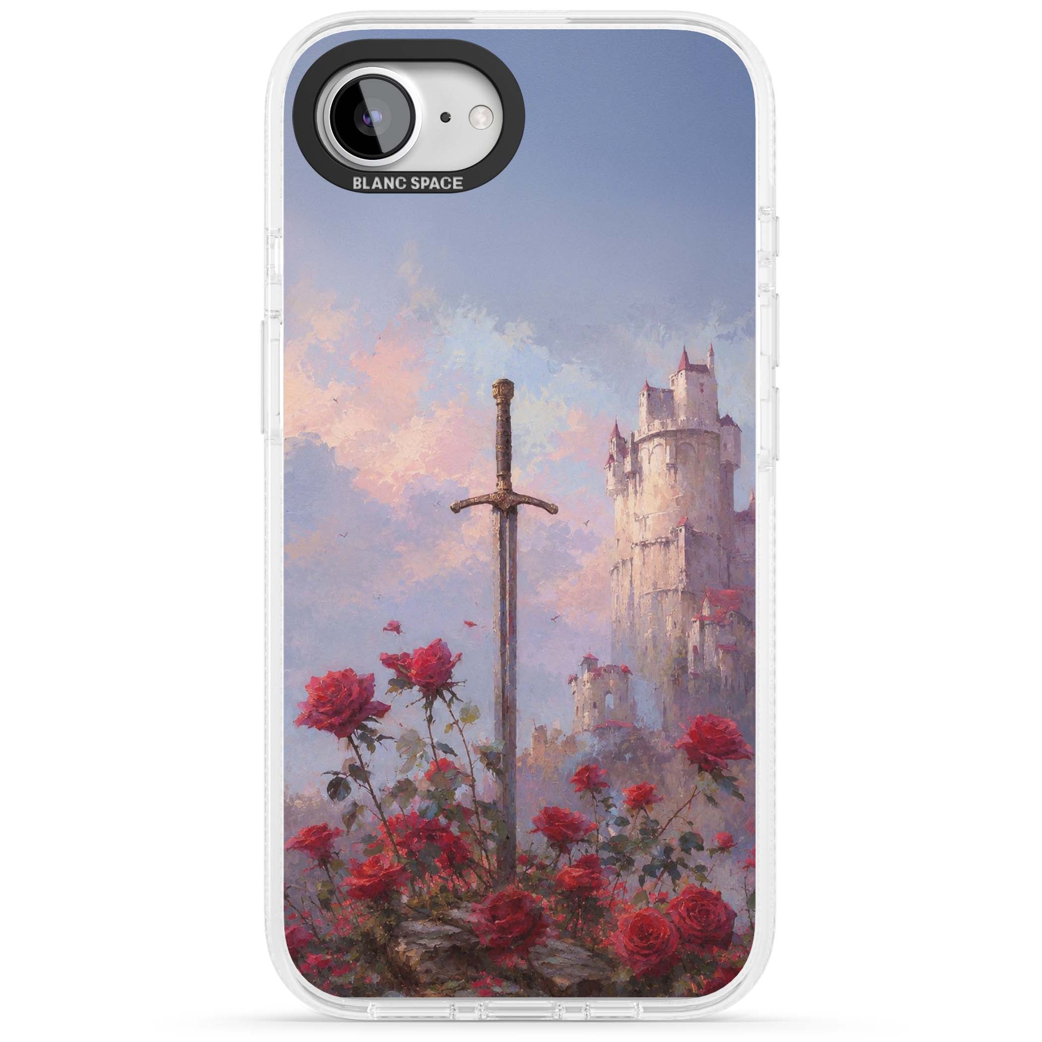 Sword in Roses medieval art iPhone case featuring a sword, red roses, and a misty fairytale castle at sunset | Clear Case Impact Air case for iPhone 16e, iPhone 17e