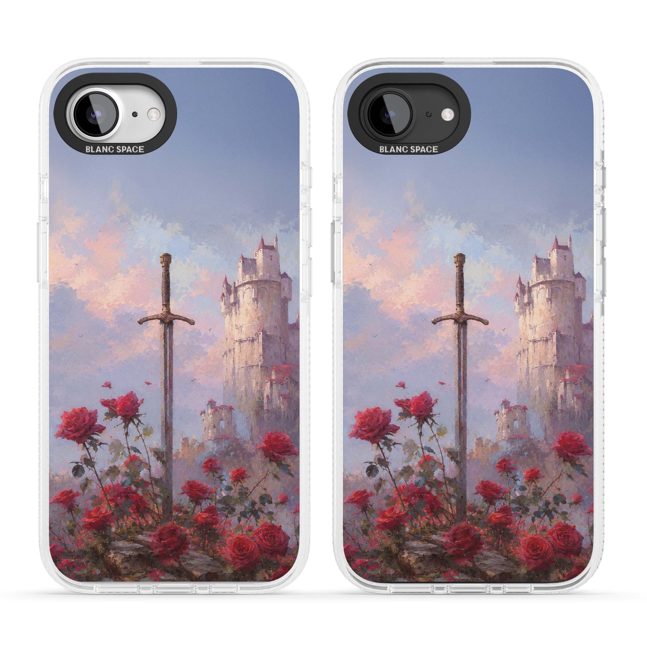 Sword in Roses medieval art iPhone case featuring a sword, red roses, and a misty fairytale castle at sunset | Clear Case Impact Air case for iPhone 16e, iPhone 17e