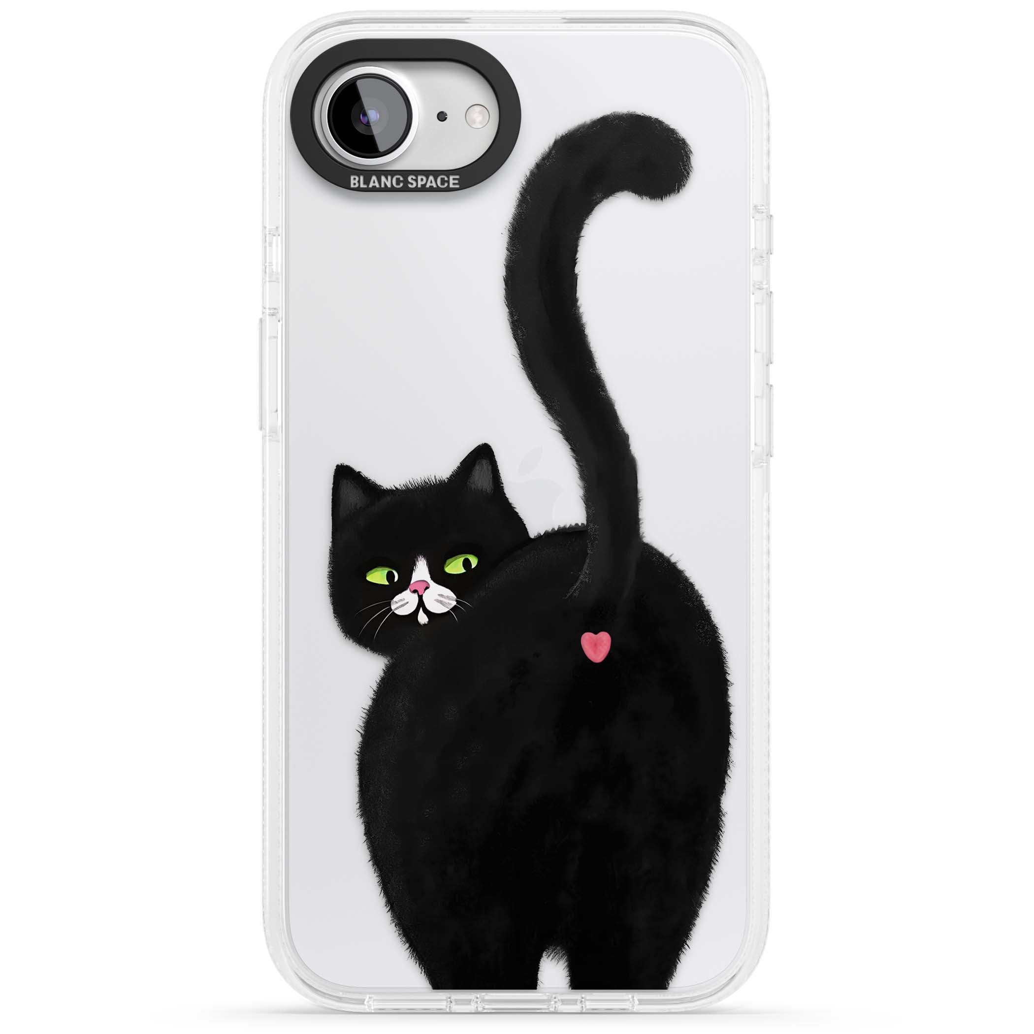 The Cat's Kiss cute cat iPhone case featuring a hand-painted tuxedo kitty with green eyes and a pink heart on a clear | Clear Case Impact Air case for iPhone 16e, iPhone 17e