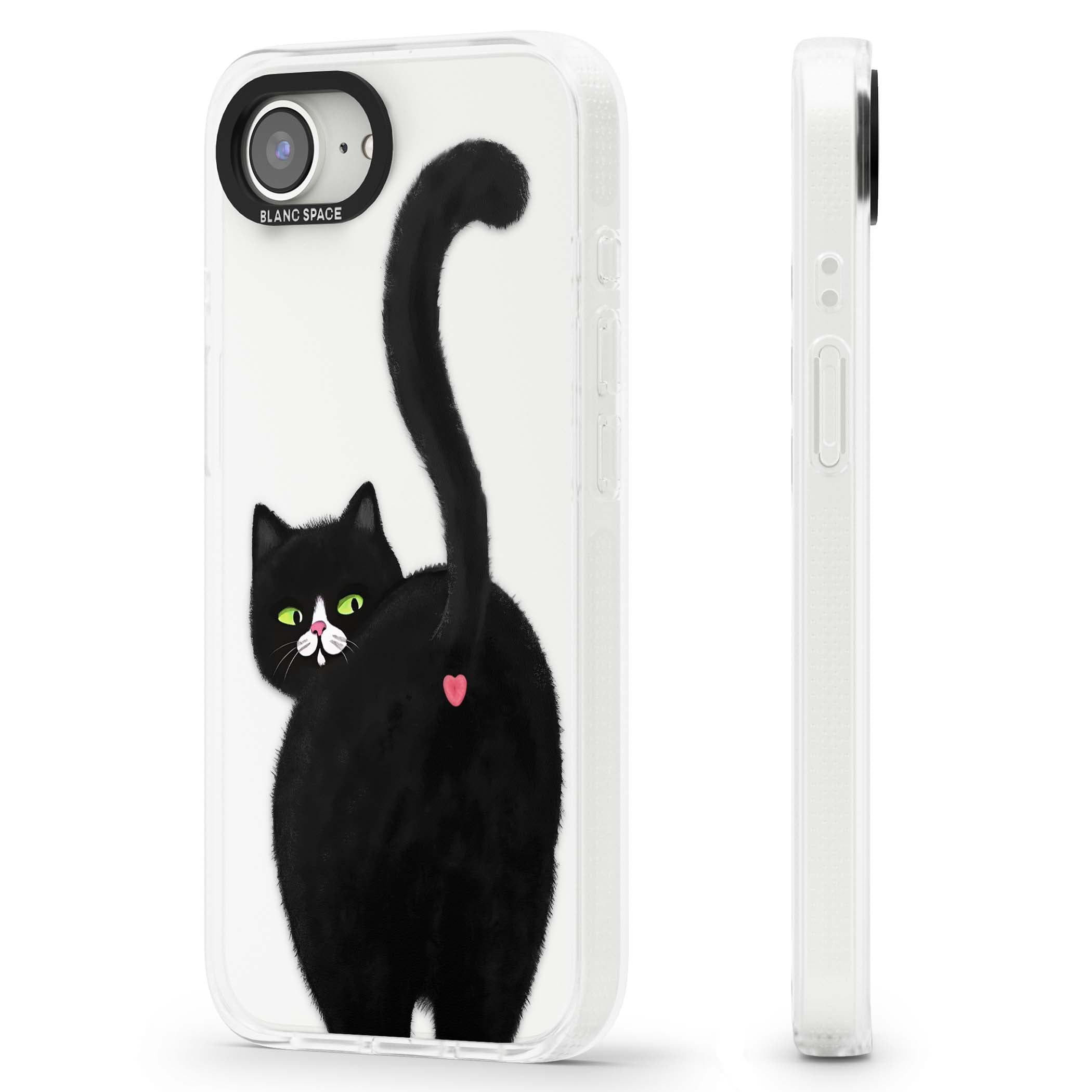The Cat's Kiss cute cat iPhone case featuring a hand-painted tuxedo kitty with green eyes and a pink heart on a clear | Clear Case Impact Air case for iPhone 16e, iPhone 17e