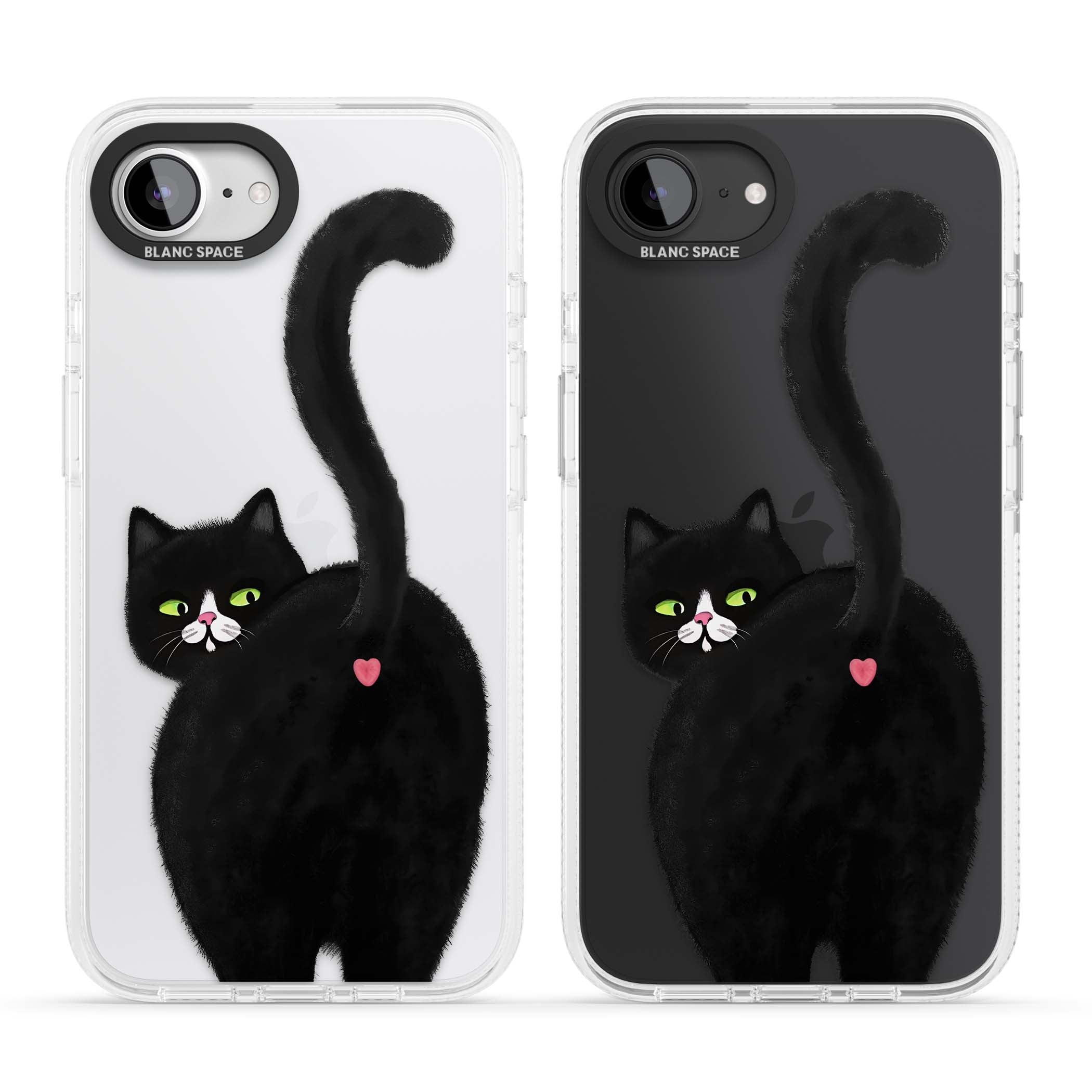 The Cat's Kiss cute cat iPhone case featuring a hand-painted tuxedo kitty with green eyes and a pink heart on a clear | Clear Case Impact Air case for iPhone 16e, iPhone 17e