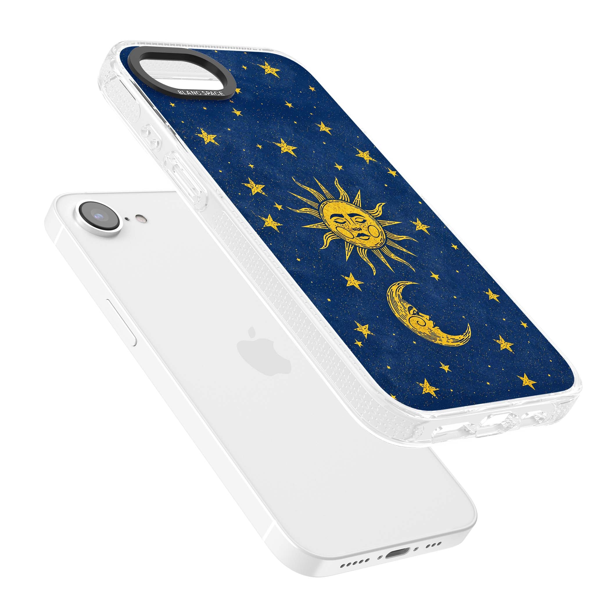 Sun & Moon Reverie celestial iPhone case featuring a vintage golden sun, crescent moon and scattered stars on midnight blue | Clear Case Impact Air case for iPhone 16e, iPhone 17e