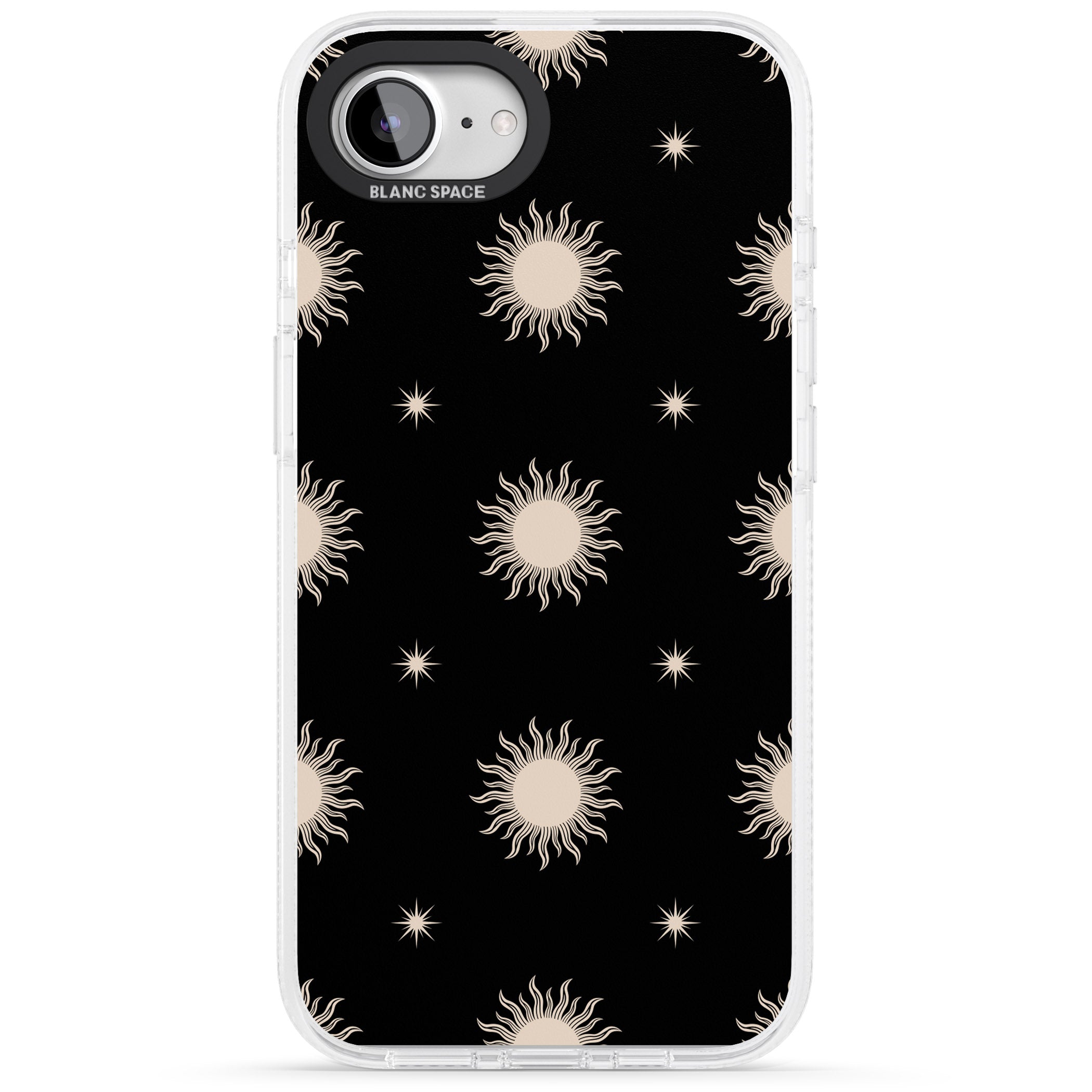Celestial Patterns Classic Suns (Black) iPhone 16e Clear Case Impact Air - Blanc Space