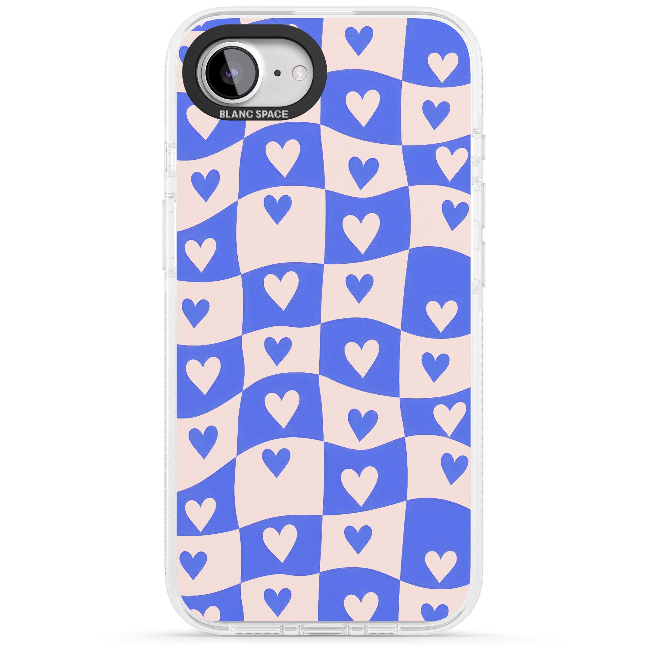 Blue Wavy Checked & Hearts iPhone 16e Clear Case Impact Air - Blanc Space