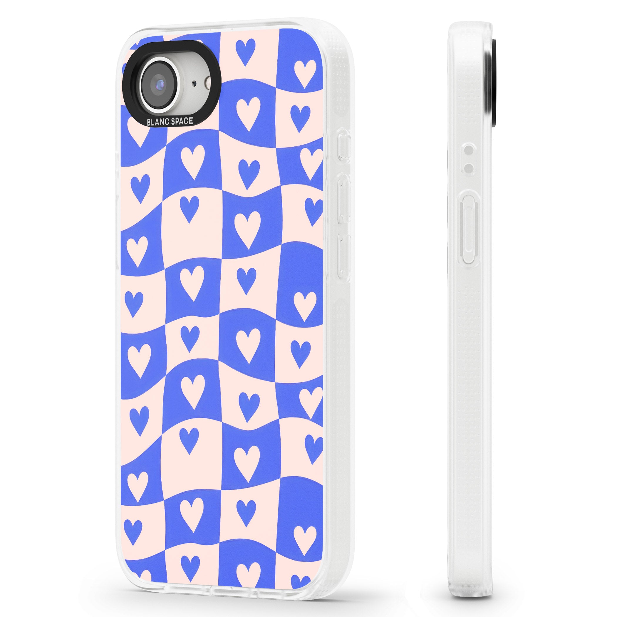 Blue Wavy Checked & Hearts iPhone 16e Clear Case Impact Air - Blanc Space