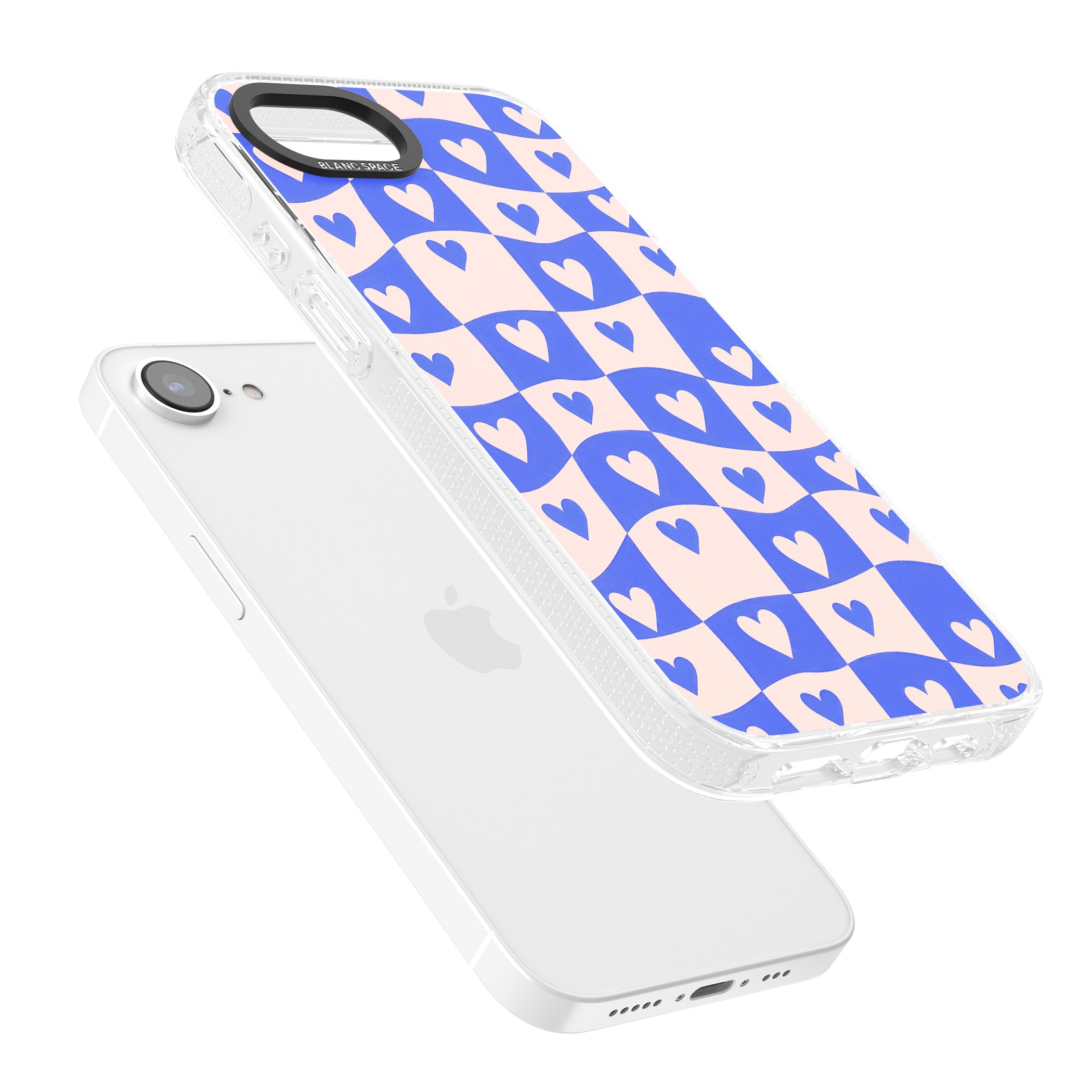 Blue Wavy Checked & Hearts iPhone 16e Clear Case Impact Air - Blanc Space