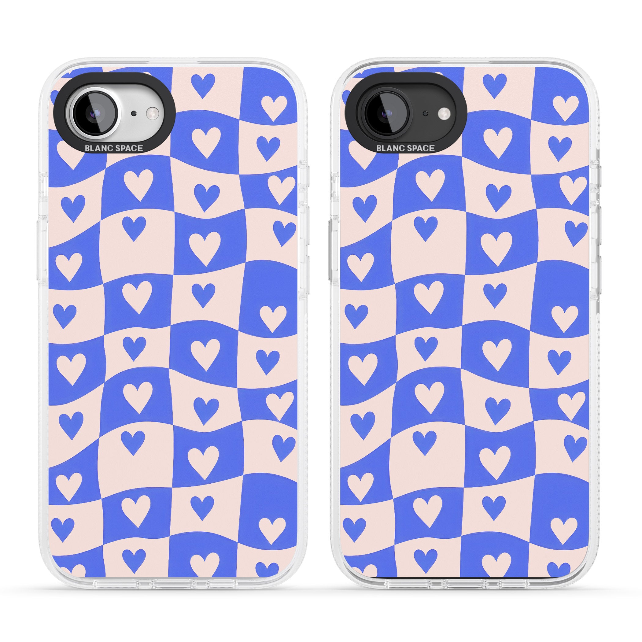 Blue Wavy Checked & Hearts iPhone 16e Clear Case Impact Air - Blanc Space