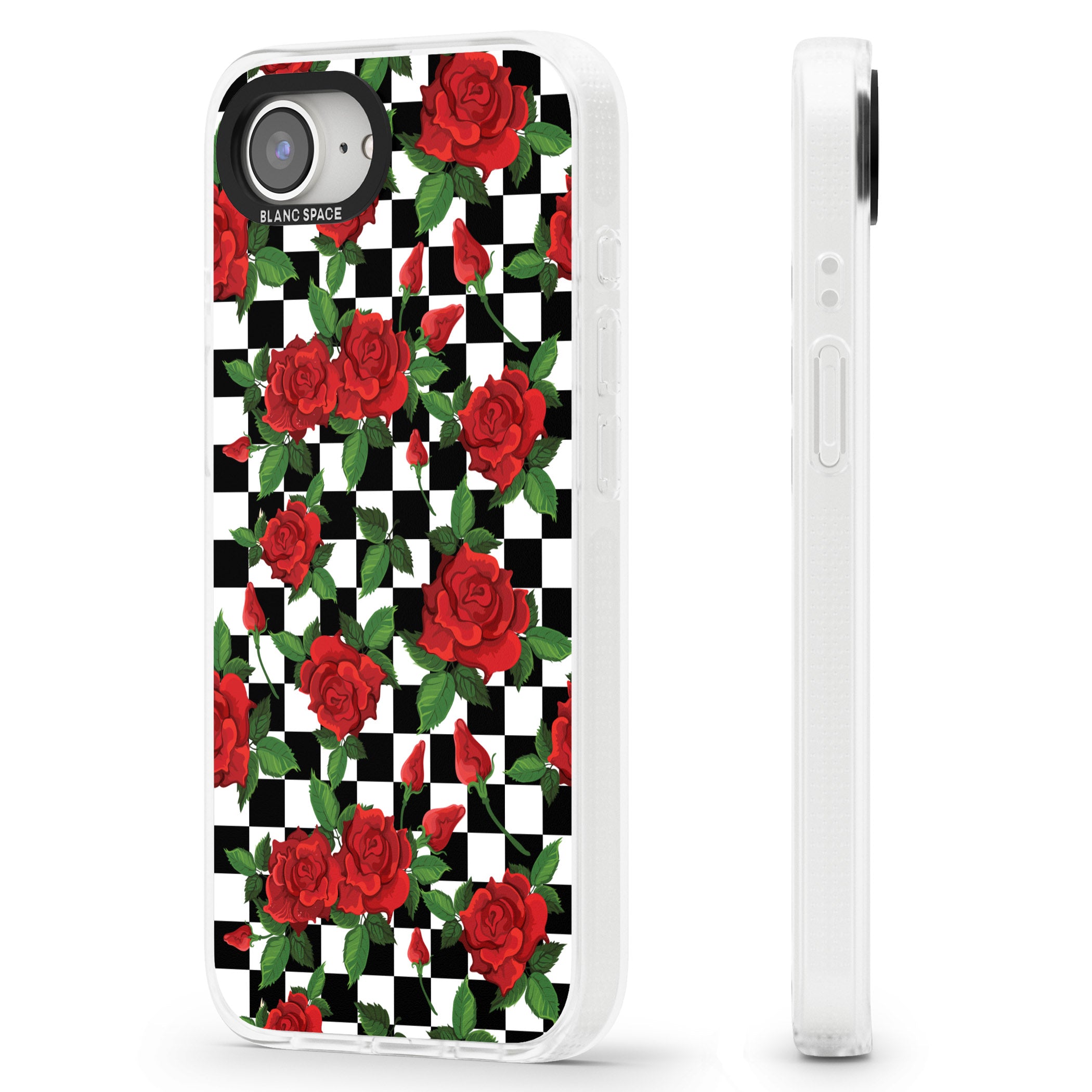 Checkered Pattern & Red Roses iPhone 16e Clear Case Impact Air - Blanc Space