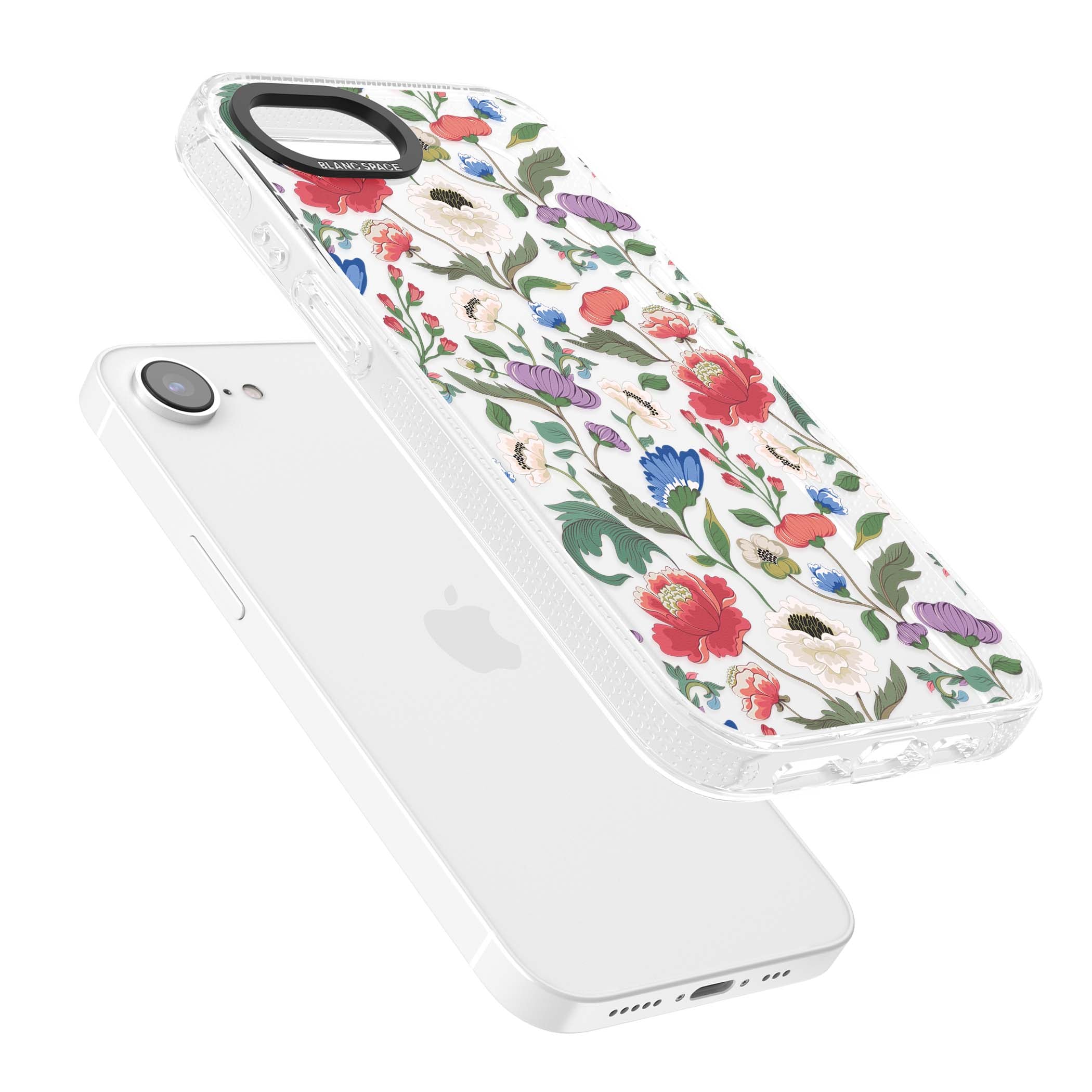 Chinoiserie Bloom vintage floral iPhone case featuring hand-painted peonies, poppies and trailing wildflowers on clear... | Clear Case Impact Air case for iPhone 16e, iPhone 17e