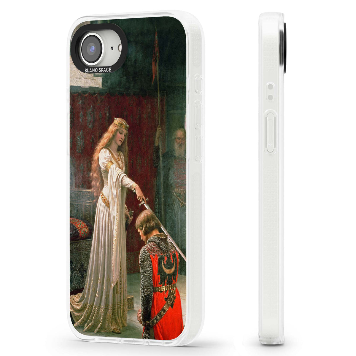 The Accolade renaissance art iPhone case featuring Edmund Blair Leighton's painting of a queen knighting a kneeling knight | Clear Case Impact Air case for iPhone 16e, iPhone 17e