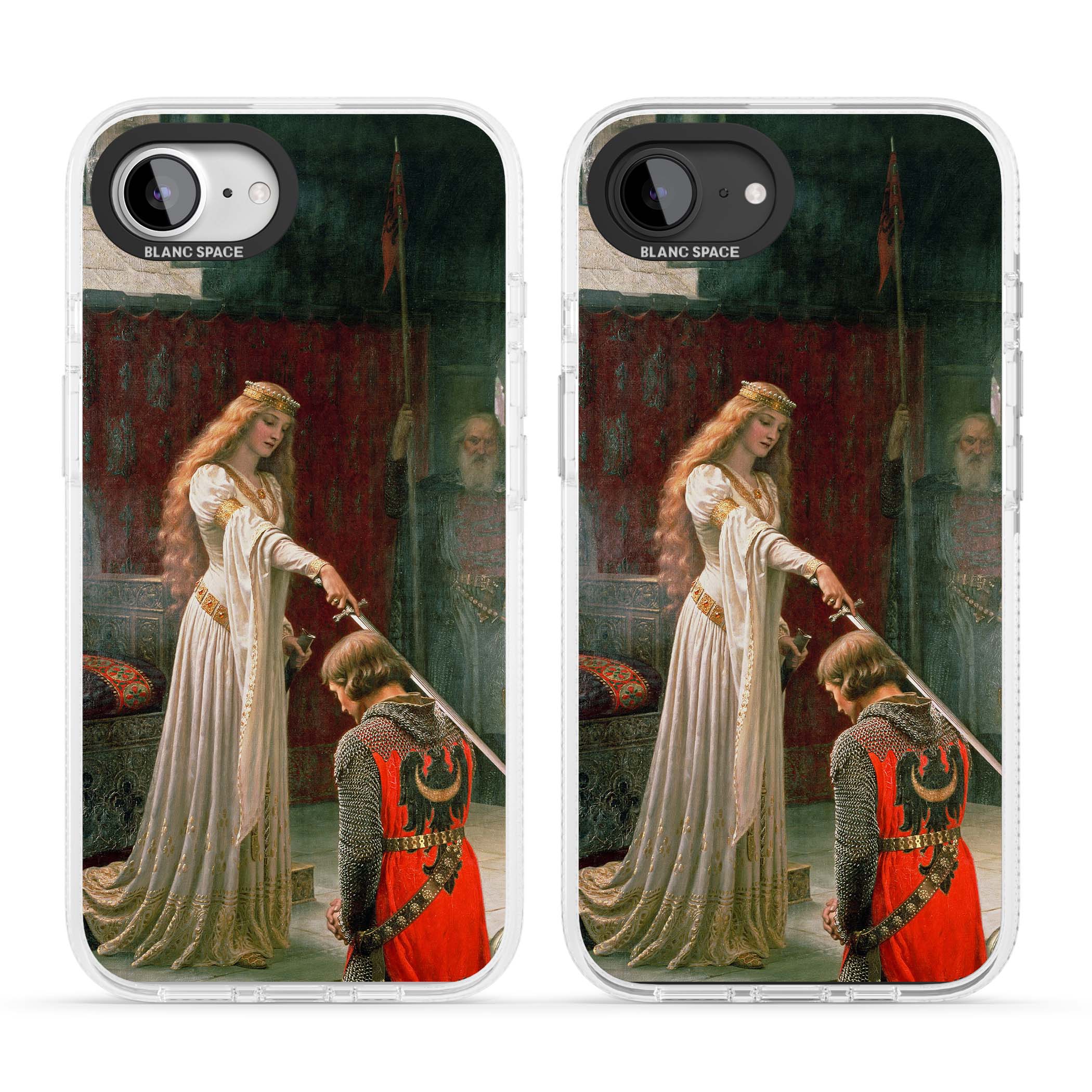 The Accolade renaissance art iPhone case featuring Edmund Blair Leighton's painting of a queen knighting a kneeling knight | Clear Case Impact Air case for iPhone 16e, iPhone 17e