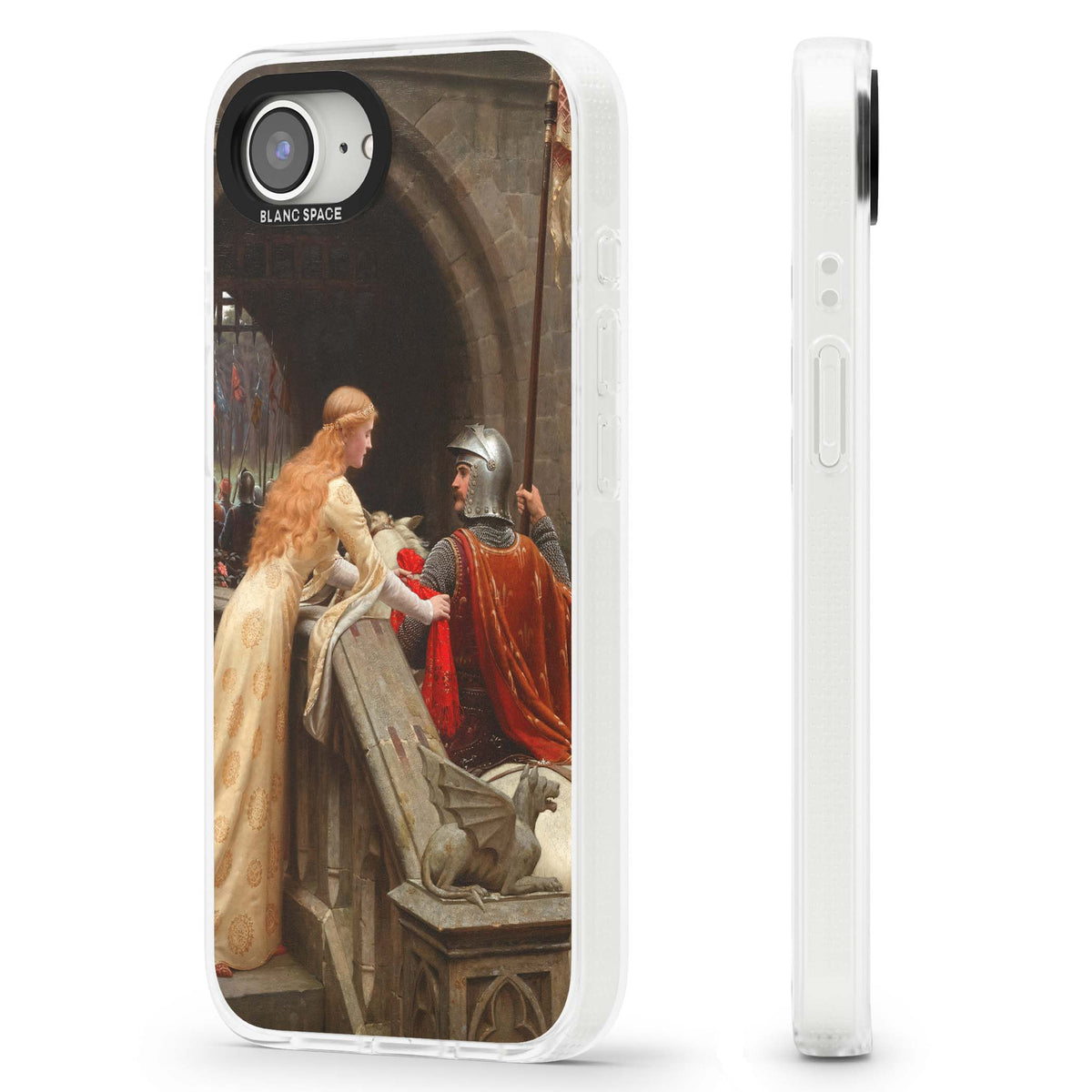 God Speed fine art iPhone case featuring Edmund Blair Leighton's medieval knight and lady beneath a stone archway | Clear Case Impact Air case for iPhone 16e, iPhone 17e