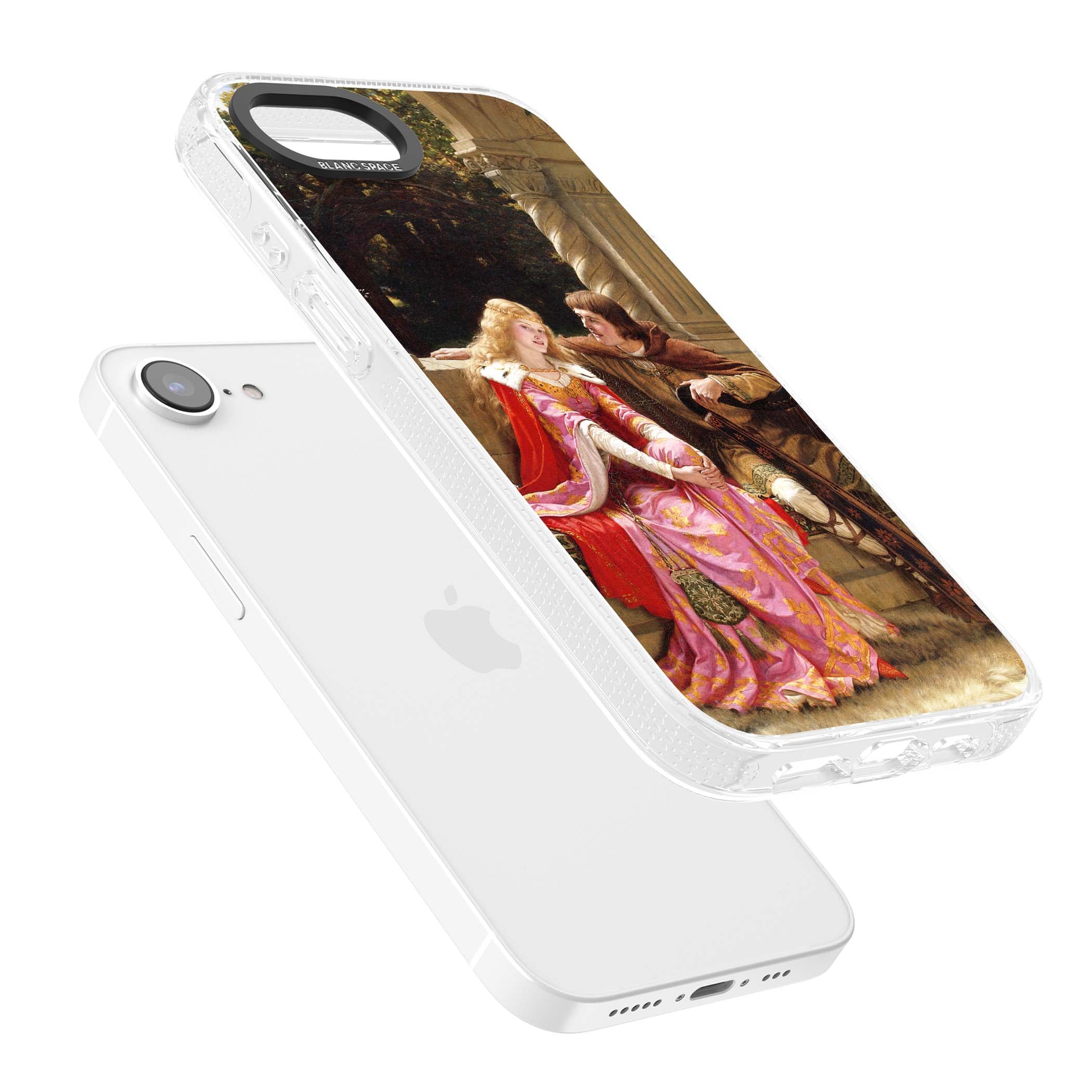 The End of the Song classic art iPhone case featuring a medieval lady in pink gown and her knight in a stone archway | Clear Case Impact Air case for iPhone 16e, iPhone 17e