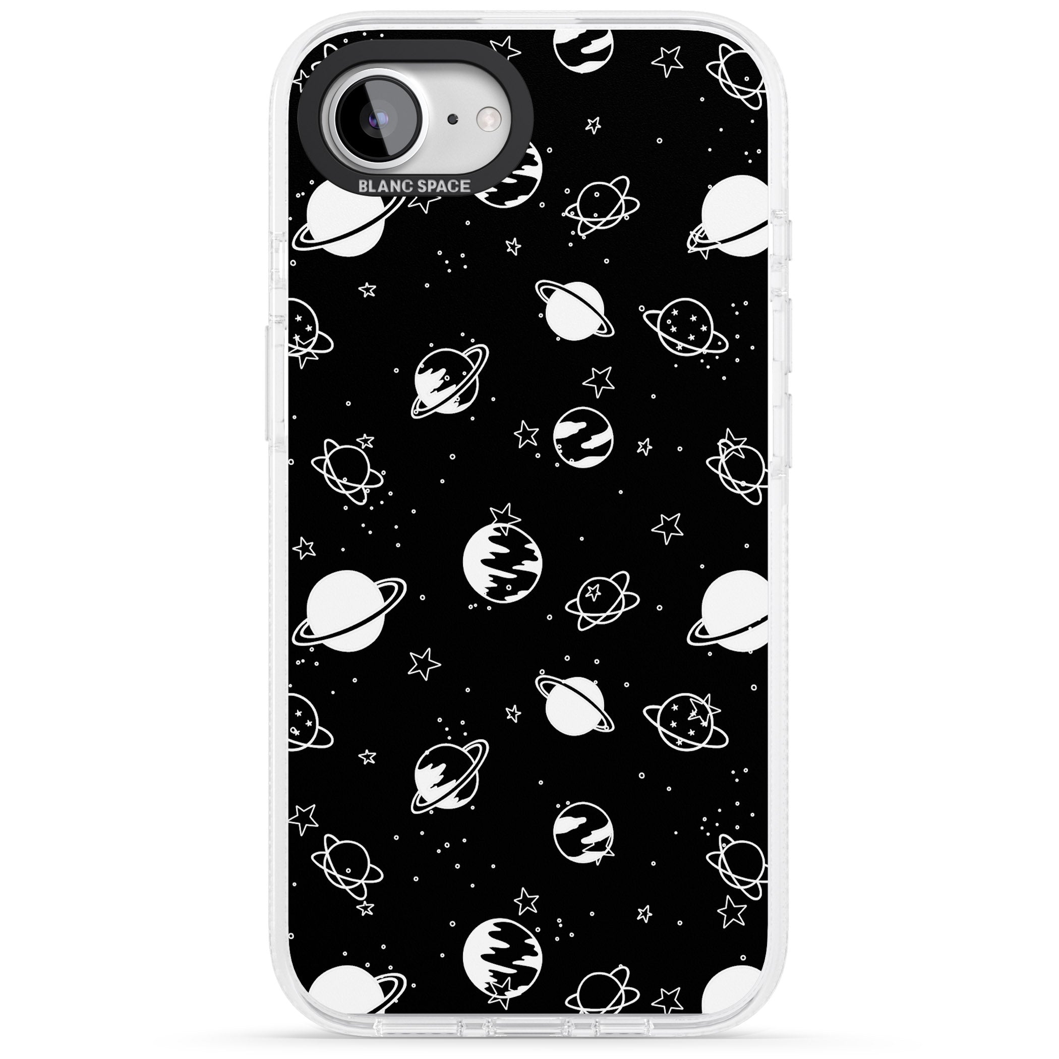 White Planets on Black iPhone 16e Clear Case Impact Air - Blanc Space
