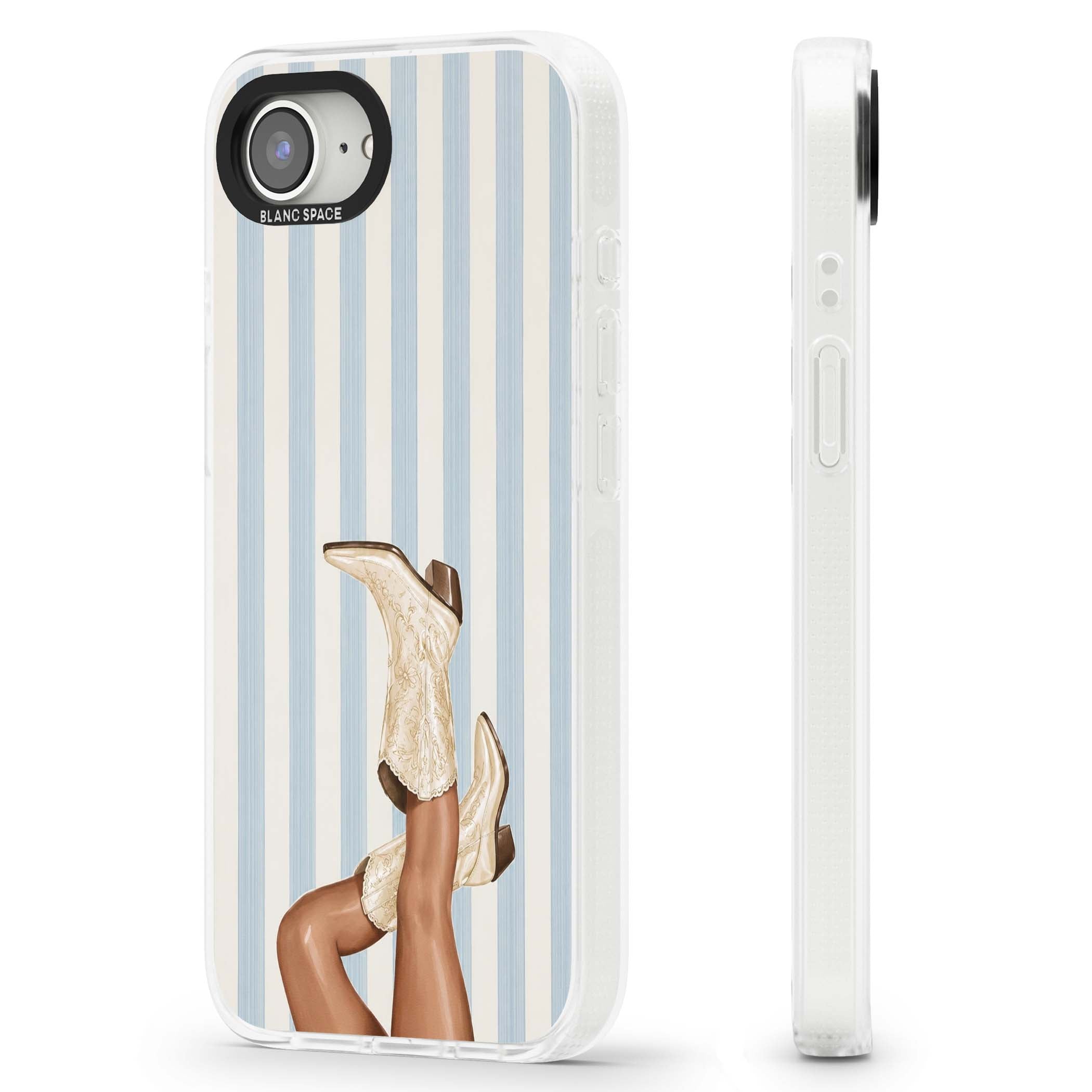 Cowgirl Boots coastal cowgirl iPhone case featuring embroidered western boots, tanned legs and a blue stripe backdrop | Clear Case Impact Air case for iPhone 16e, iPhone 17e