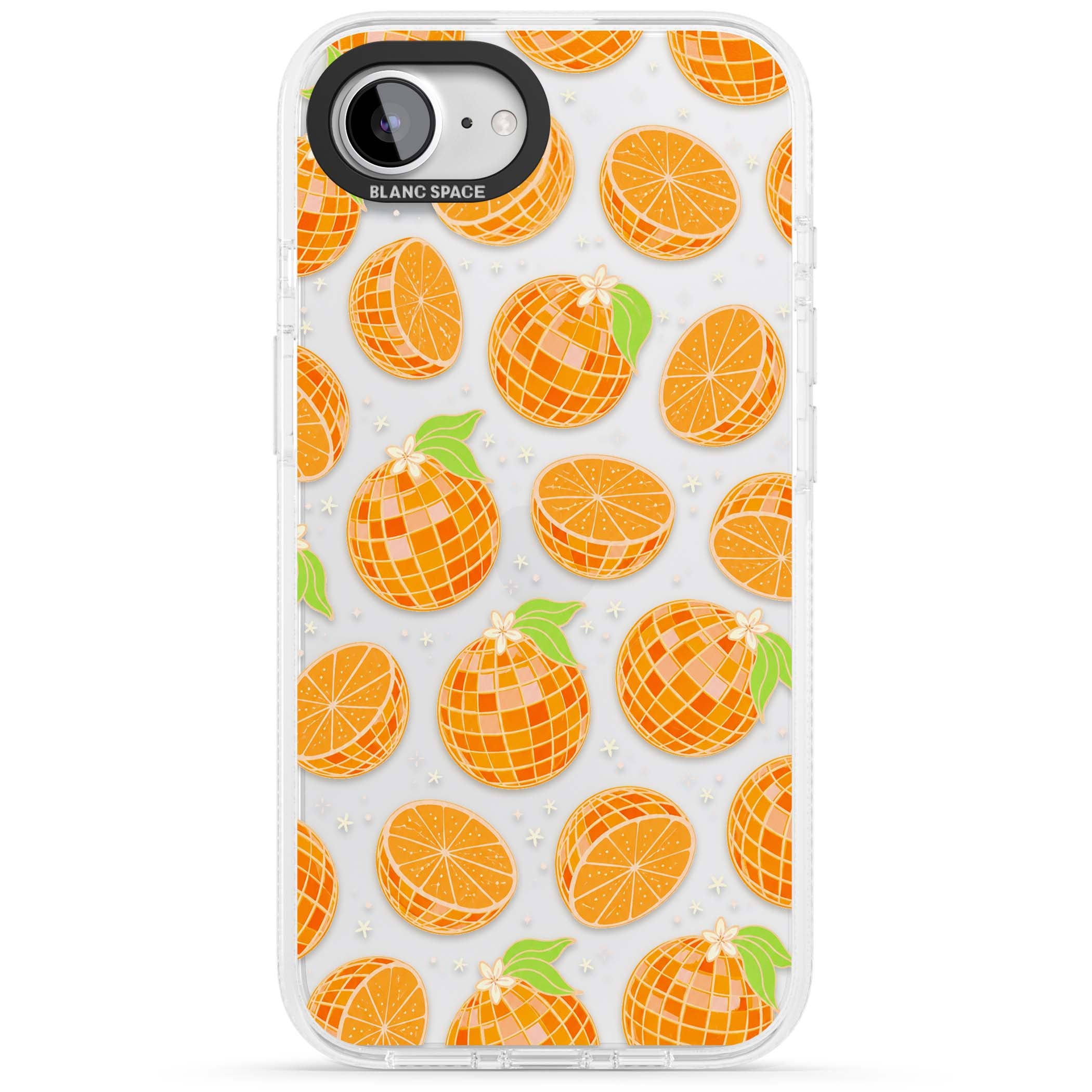 Disco Oranges retro iPhone case featuring mirrorball oranges, citrus slices and tiny blossoms on clear | Clear Case Impact Air case for iPhone 16e, iPhone 17e