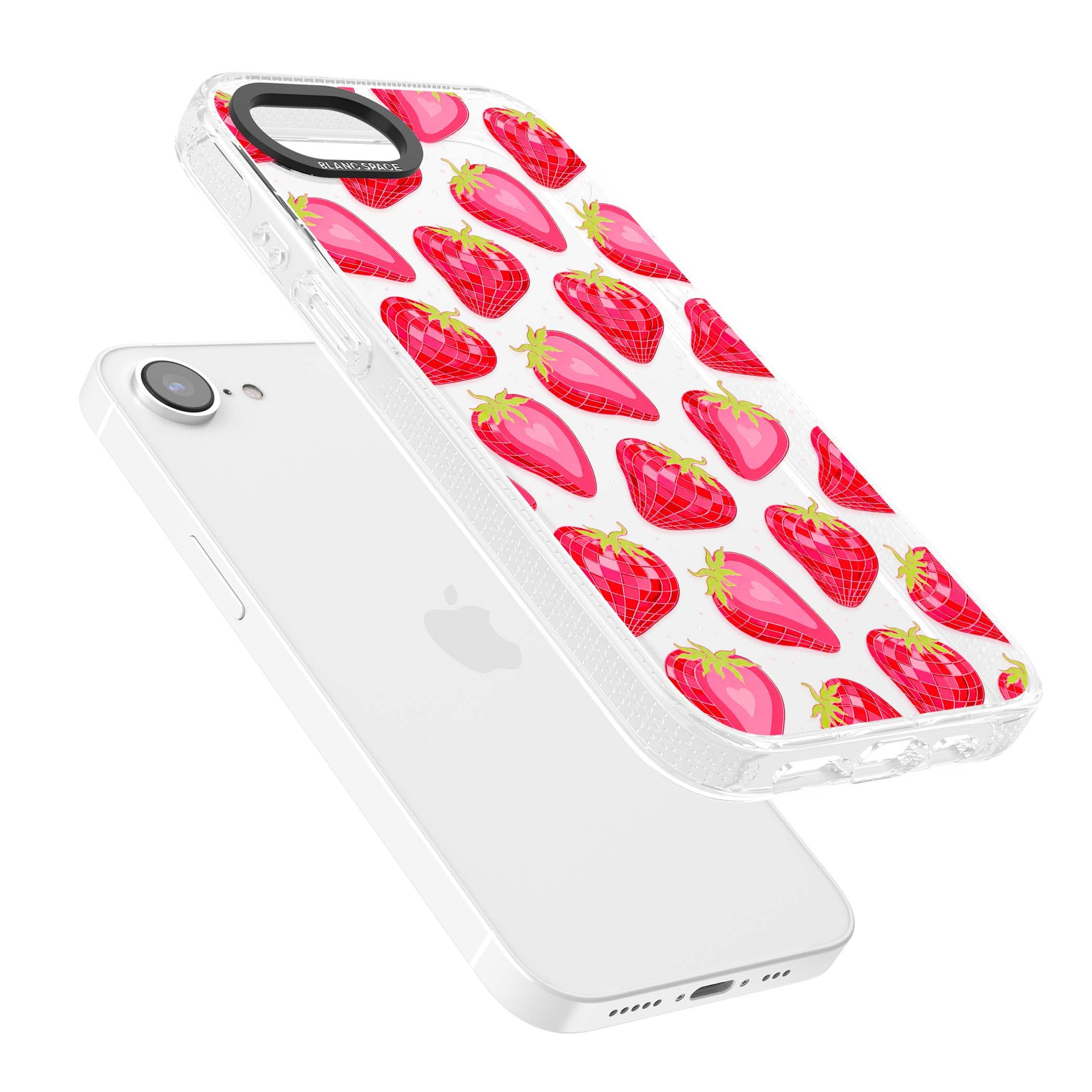 Disco Strawberry Y2K iPhone case featuring pink disco-ball strawberries, green leaves and tiny sparkles | Clear Case Impact Air case for iPhone 16e, iPhone 17e