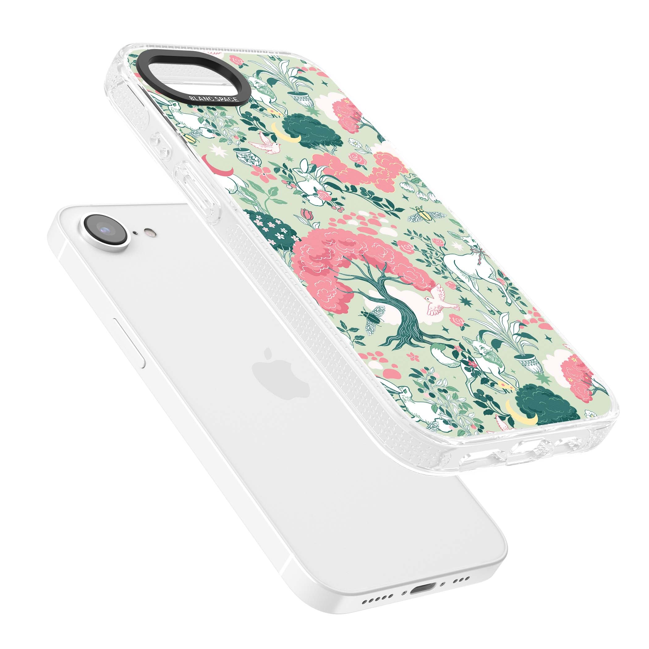 Enchanted Woodland cottagecore iPhone case featuring white deer, pink roses, mushrooms and woodland animals on sage green | Clear Case Impact Air case for iPhone 16e, iPhone 17e