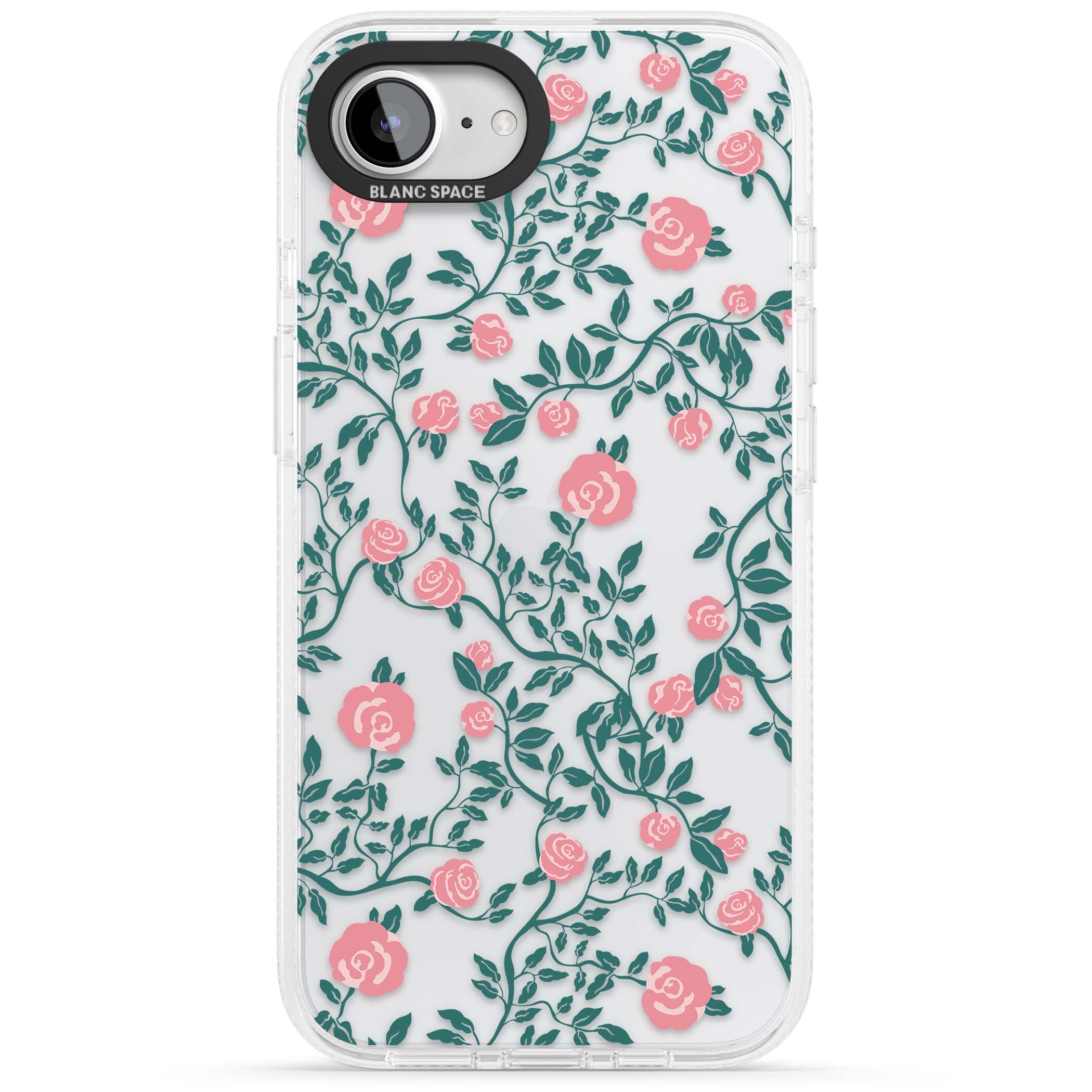 Rose Trellis (Clear) cottagecore iPhone case featuring pink climbing roses and green leaves on clear background | Clear Case Impact Air case for iPhone 16e, iPhone 17e