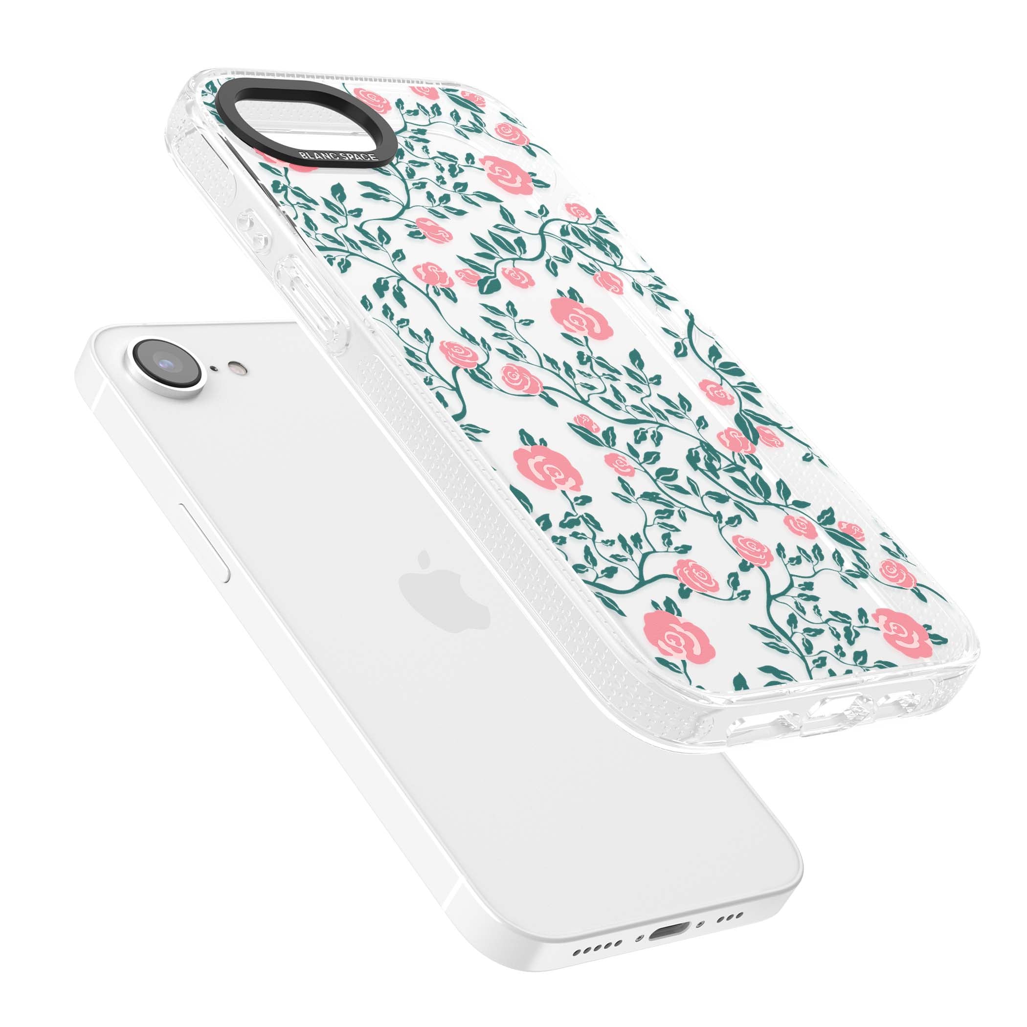 Rose Trellis (Clear) cottagecore iPhone case featuring pink climbing roses and green leaves on clear background | Clear Case Impact Air case for iPhone 16e, iPhone 17e