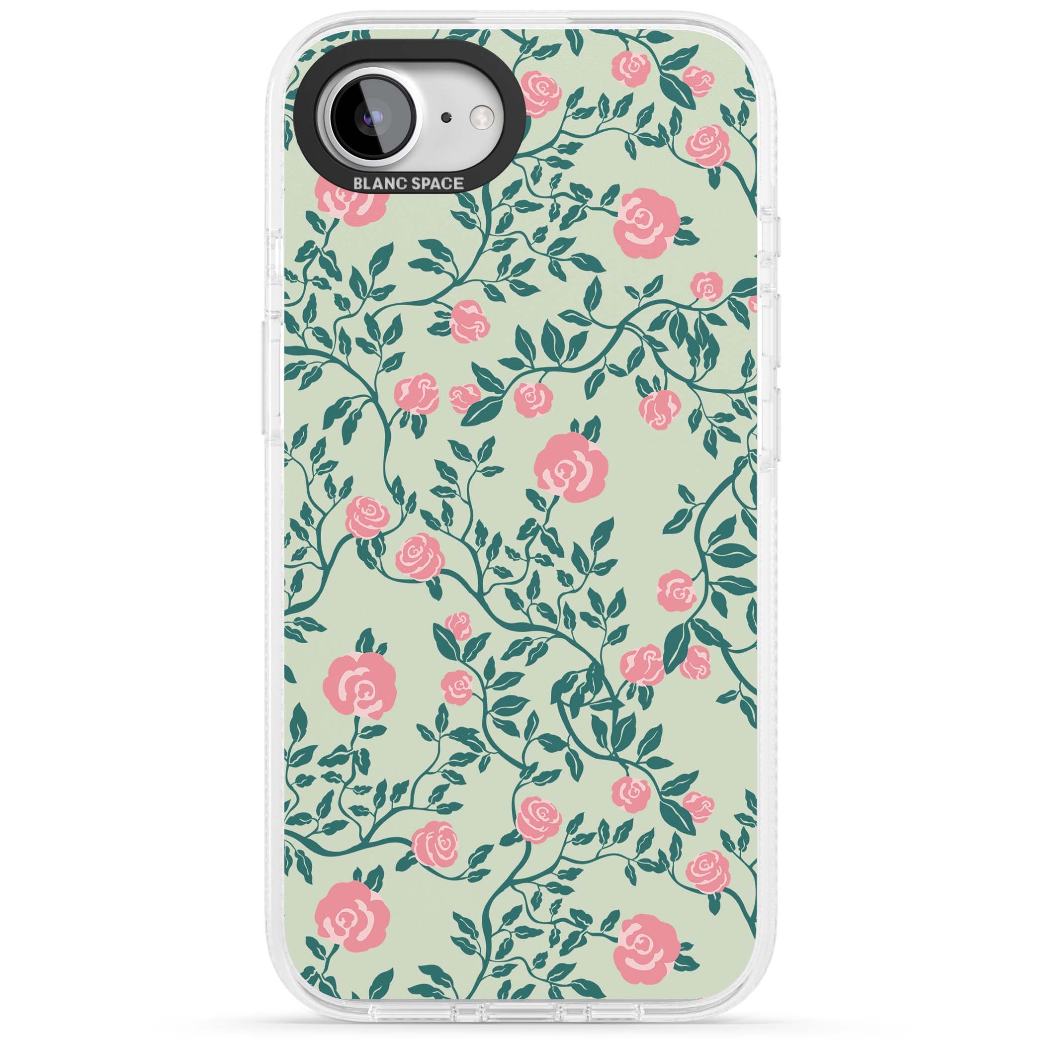 Rose Trellis cottagecore iPhone case featuring pink roses, sage green vines, and mint background | Clear Case Impact Air case for iPhone 16e, iPhone 17e
