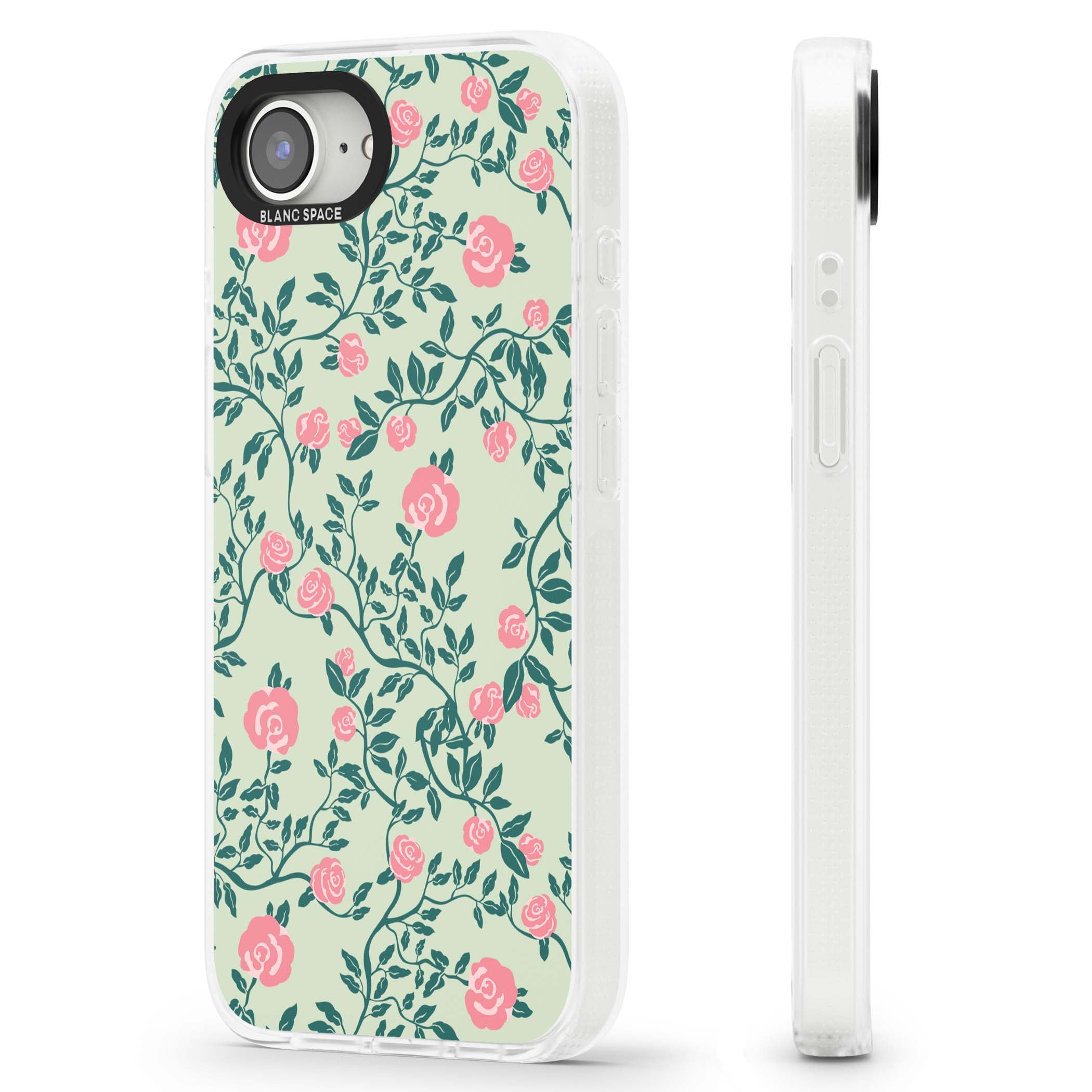 Rose Trellis cottagecore iPhone case featuring pink roses, sage green vines, and mint background | Clear Case Impact Air case for iPhone 16e, iPhone 17e