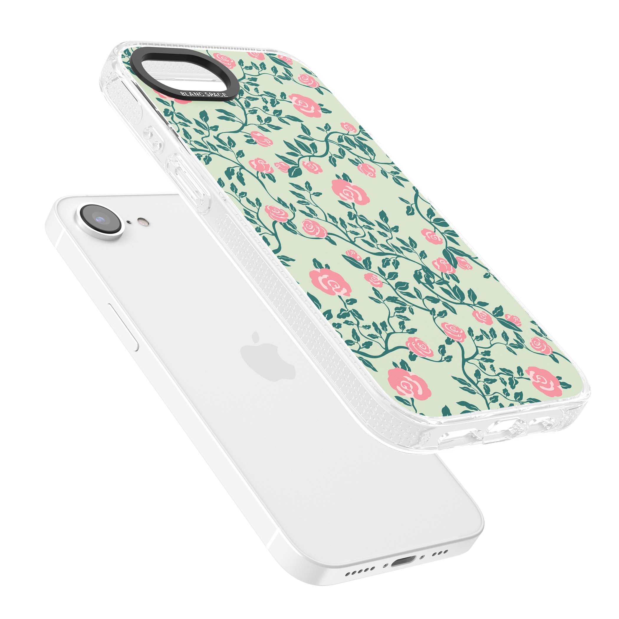 Rose Trellis cottagecore iPhone case featuring pink roses, sage green vines, and mint background | Clear Case Impact Air case for iPhone 16e, iPhone 17e