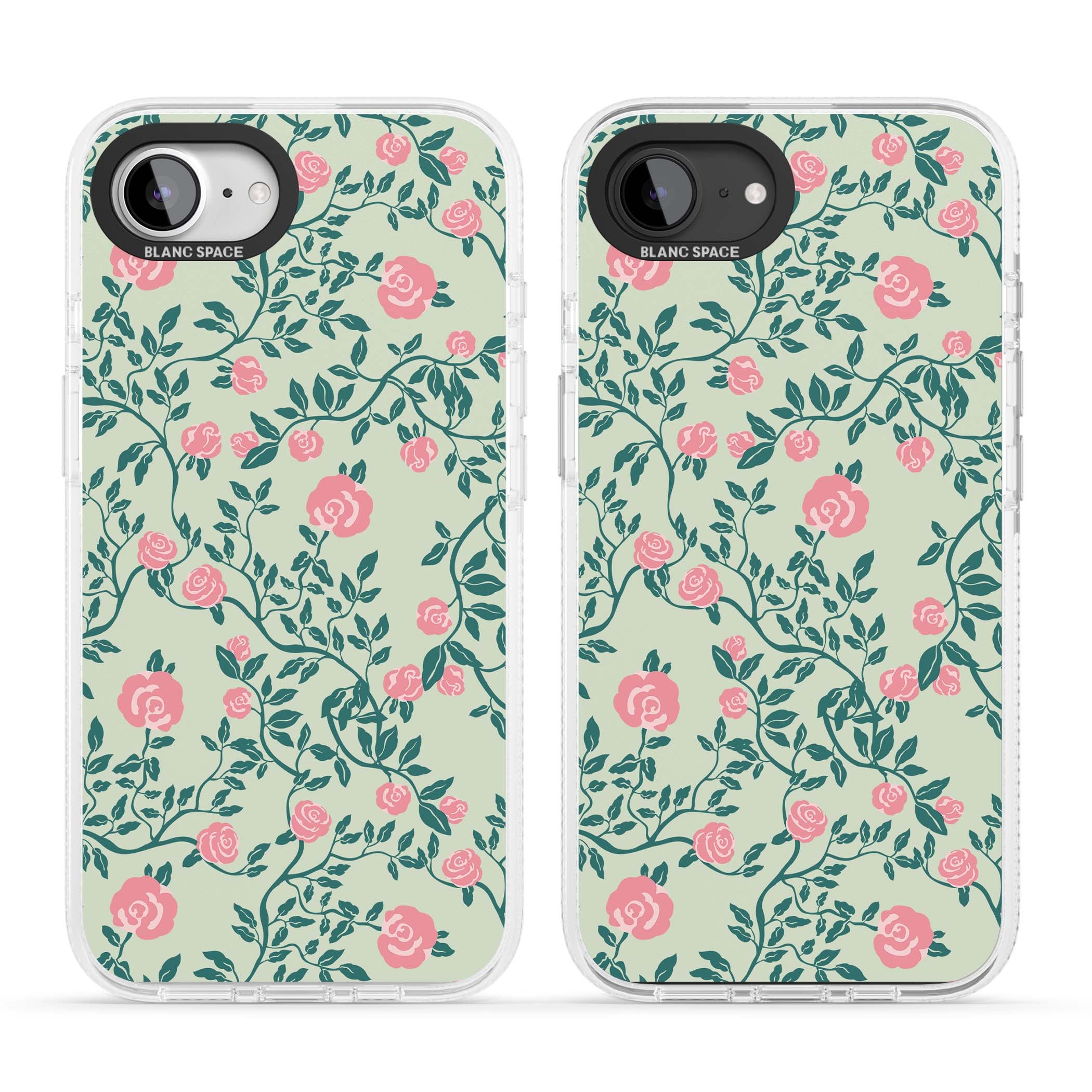 Rose Trellis cottagecore iPhone case featuring pink roses, sage green vines, and mint background | Clear Case Impact Air case for iPhone 16e, iPhone 17e
