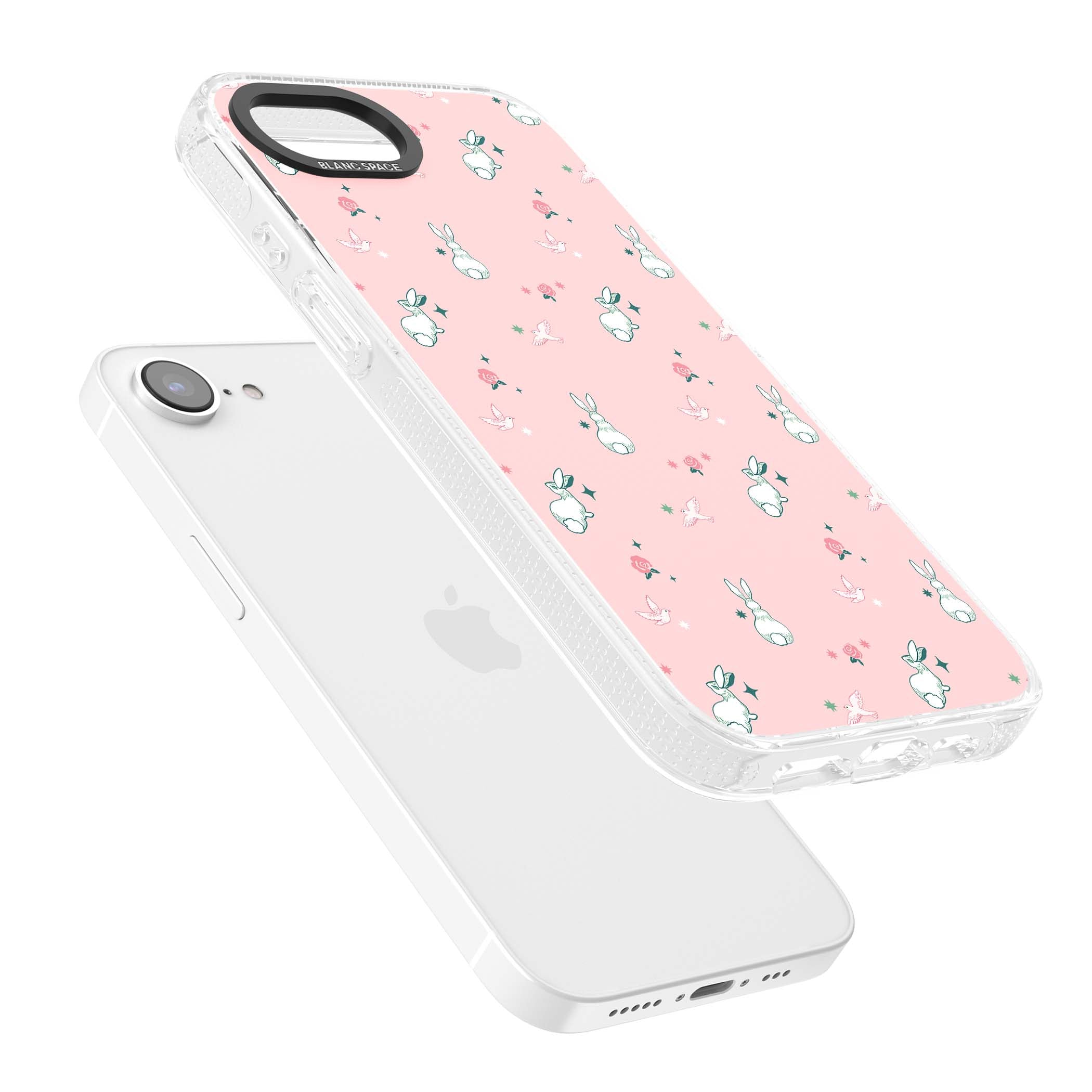 Bunny Garden kawaii iPhone case featuring white rabbits, pink roses, doves and stars on pink background | Clear Case Impact Air case for iPhone 16e, iPhone 17e