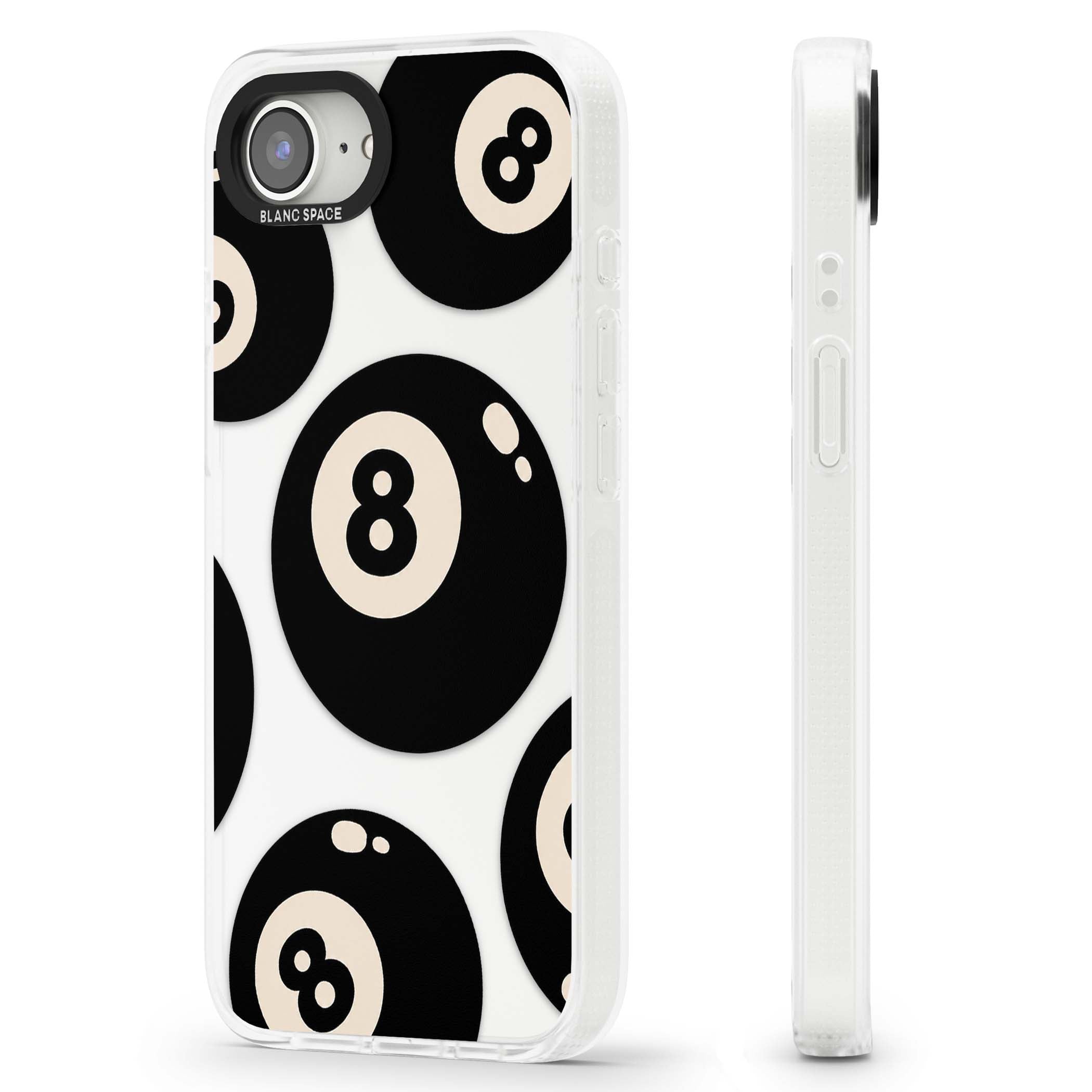 Eights y2k iPhone case featuring scattered black 8 balls with cream highlights on a clear background | Clear Case Impact Air case for iPhone 16e, iPhone 17e