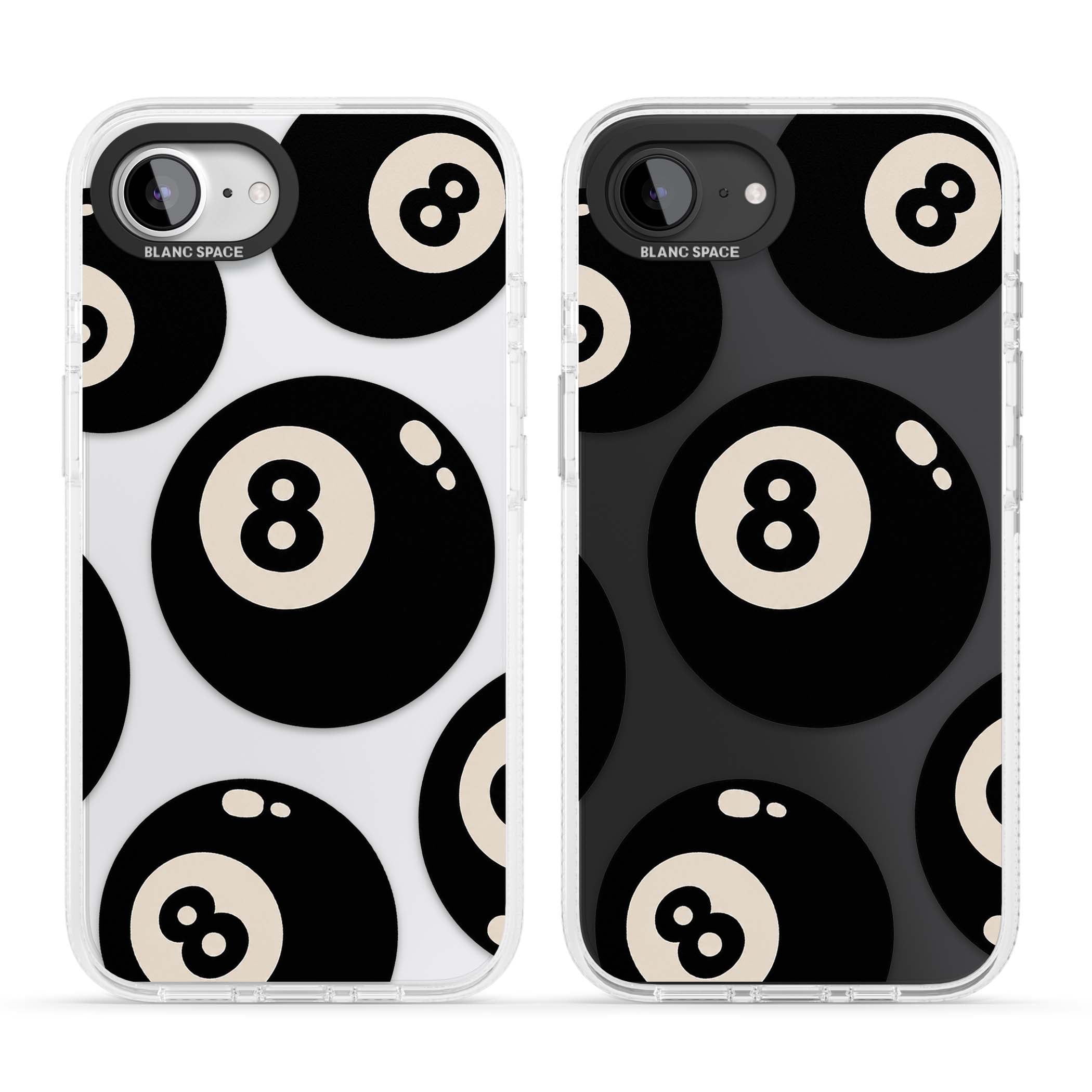 Eights y2k iPhone case featuring scattered black 8 balls with cream highlights on a clear background | Clear Case Impact Air case for iPhone 16e, iPhone 17e
