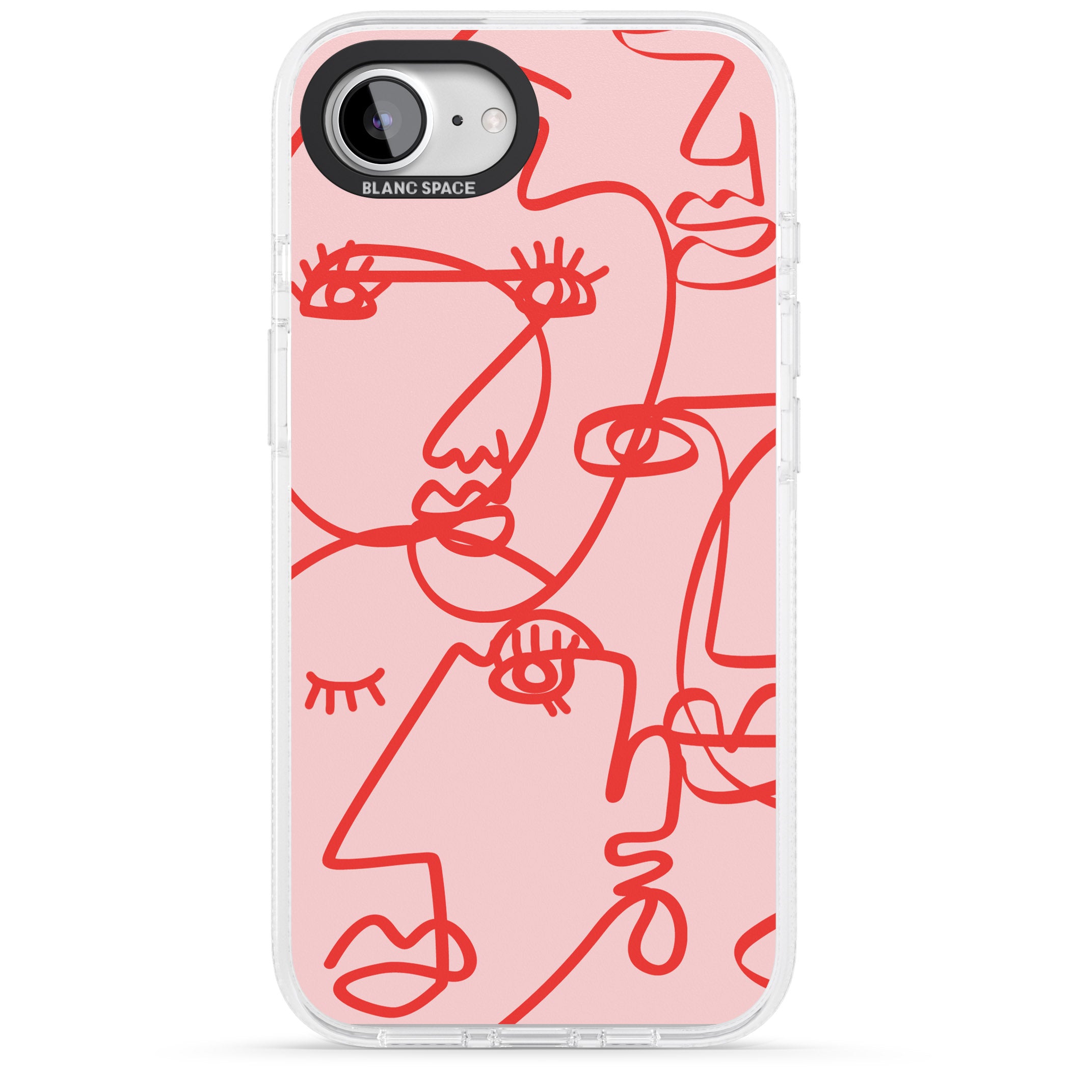 Abstract Continuous Line Faces Red on Pink iPhone 16e Clear Case Impact Air - Blanc Space