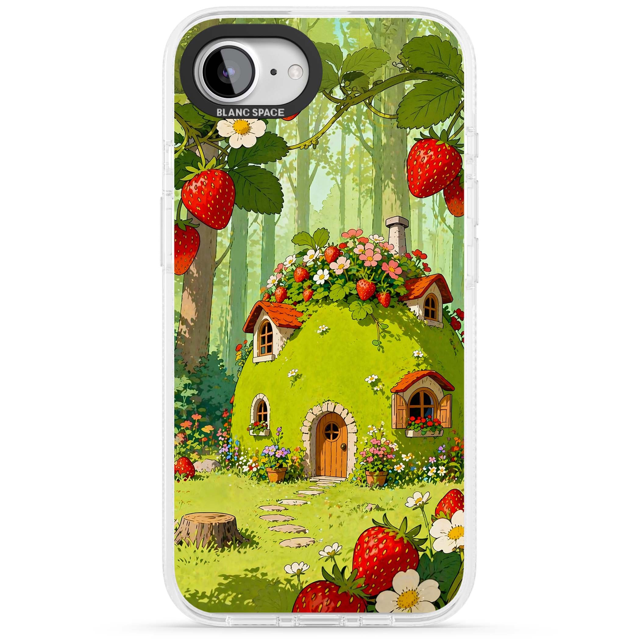 Strawberry Cottage cottagecore iPhone case featuring a green fairy house, wild strawberries and enchanted forest flowers | Clear Case Impact Air case for iPhone 16e, iPhone 17e